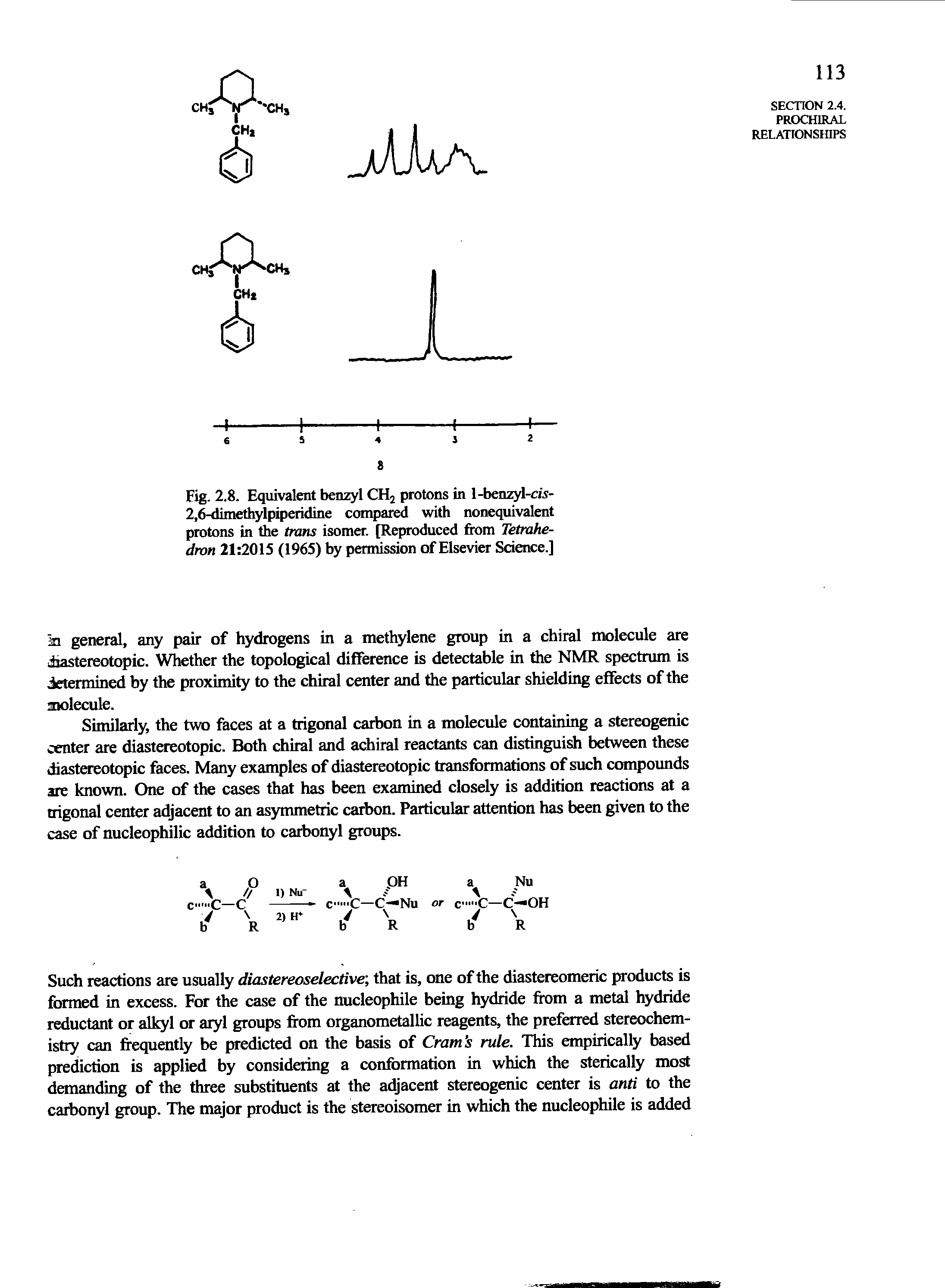 Fig. 2.8. Equivalent benzyl CHj protons in 1-benzyl-cis-2,6-dimethylpiperidine compared with nonequivalent protons in the tmns isomer. [Reproduced from Tetrahedron 21 2015 (1965) by permission of Elsevier Science.]...