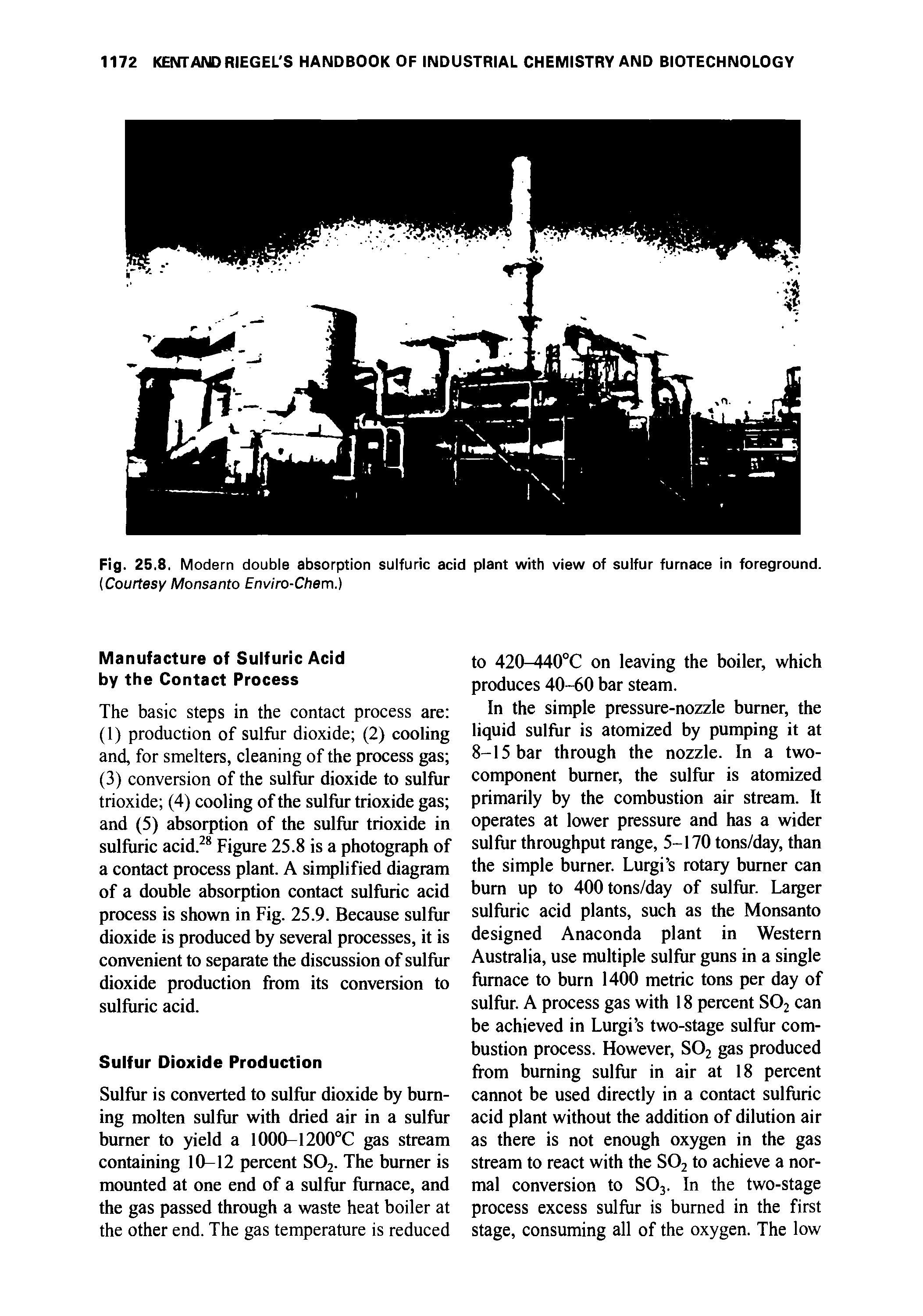 Fig. 25.8. Modern double absorption sulfuric acid plant with view of sulfur furnace in foreground. (Courtesy Monsanto Enviro-Chem.)...