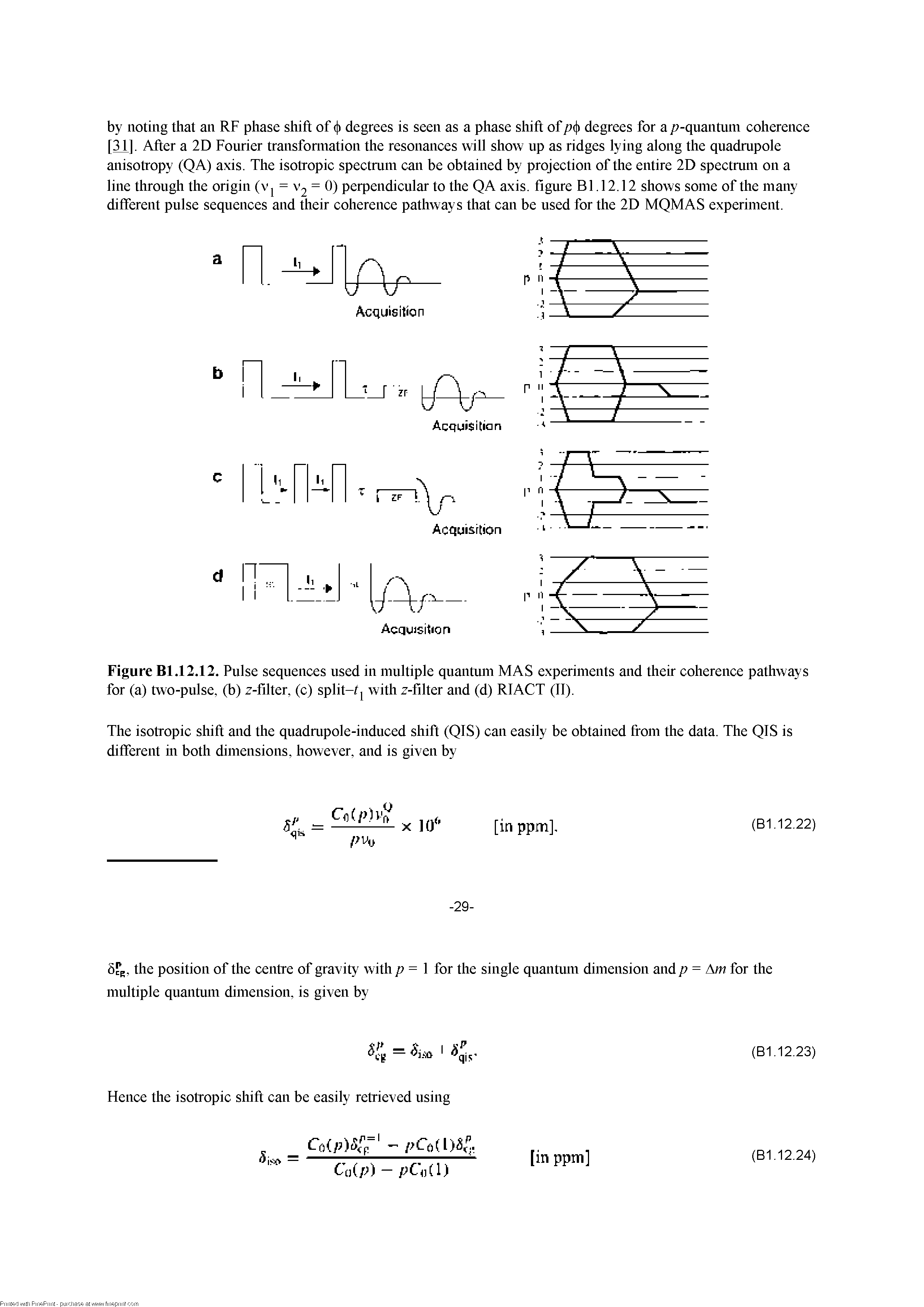 Figure Bl.12.12. Pulse sequences used in multiple quantum MAS experiments and their coherence pathways for (a) two-pulse, (b) z-filter, (c) split-t with z-filter and (d) RIACT (II).