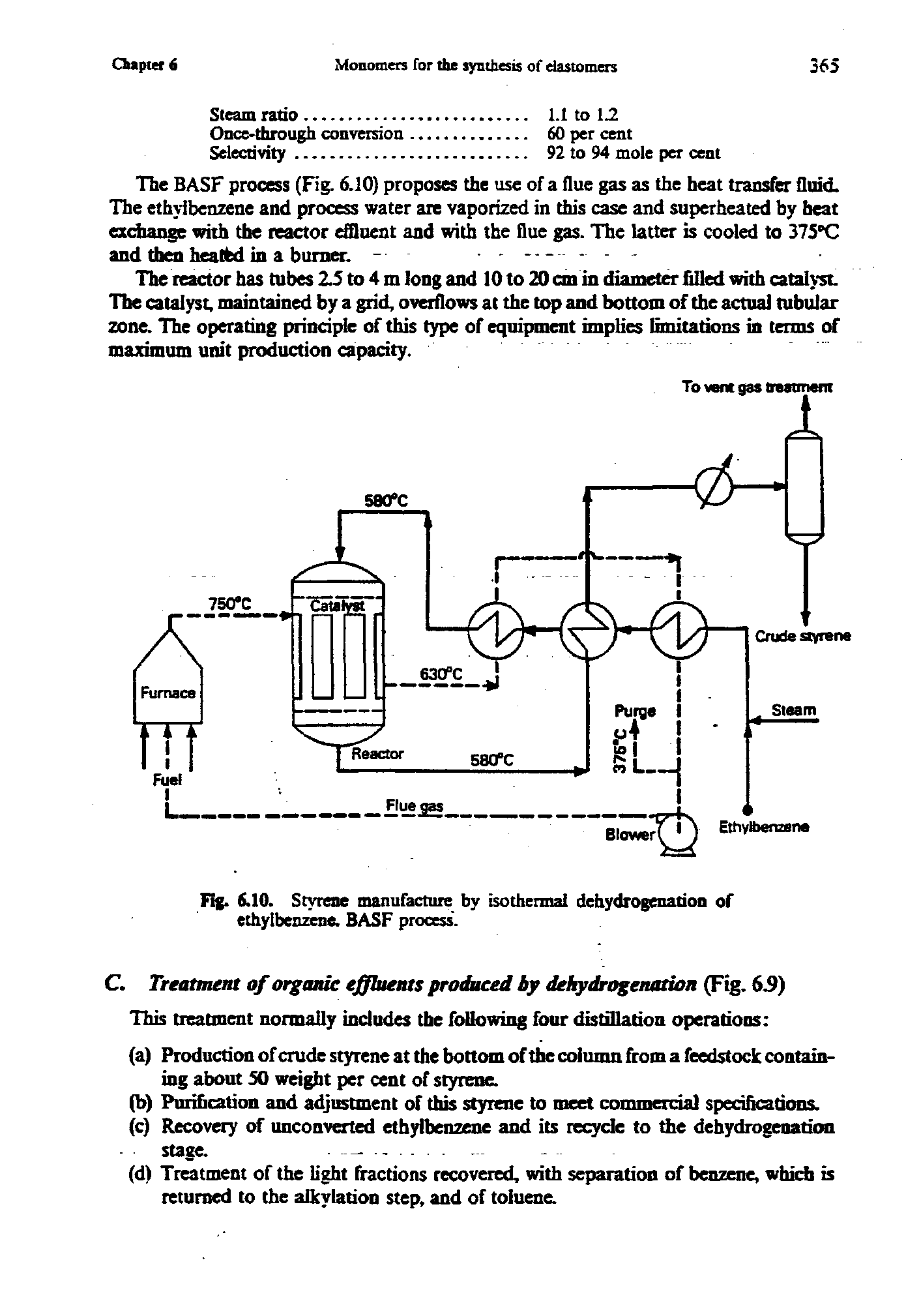 Fig. 6.10. Styrene manufacture by isothermal dehydrogenation of ethylbenzene. BASF process.