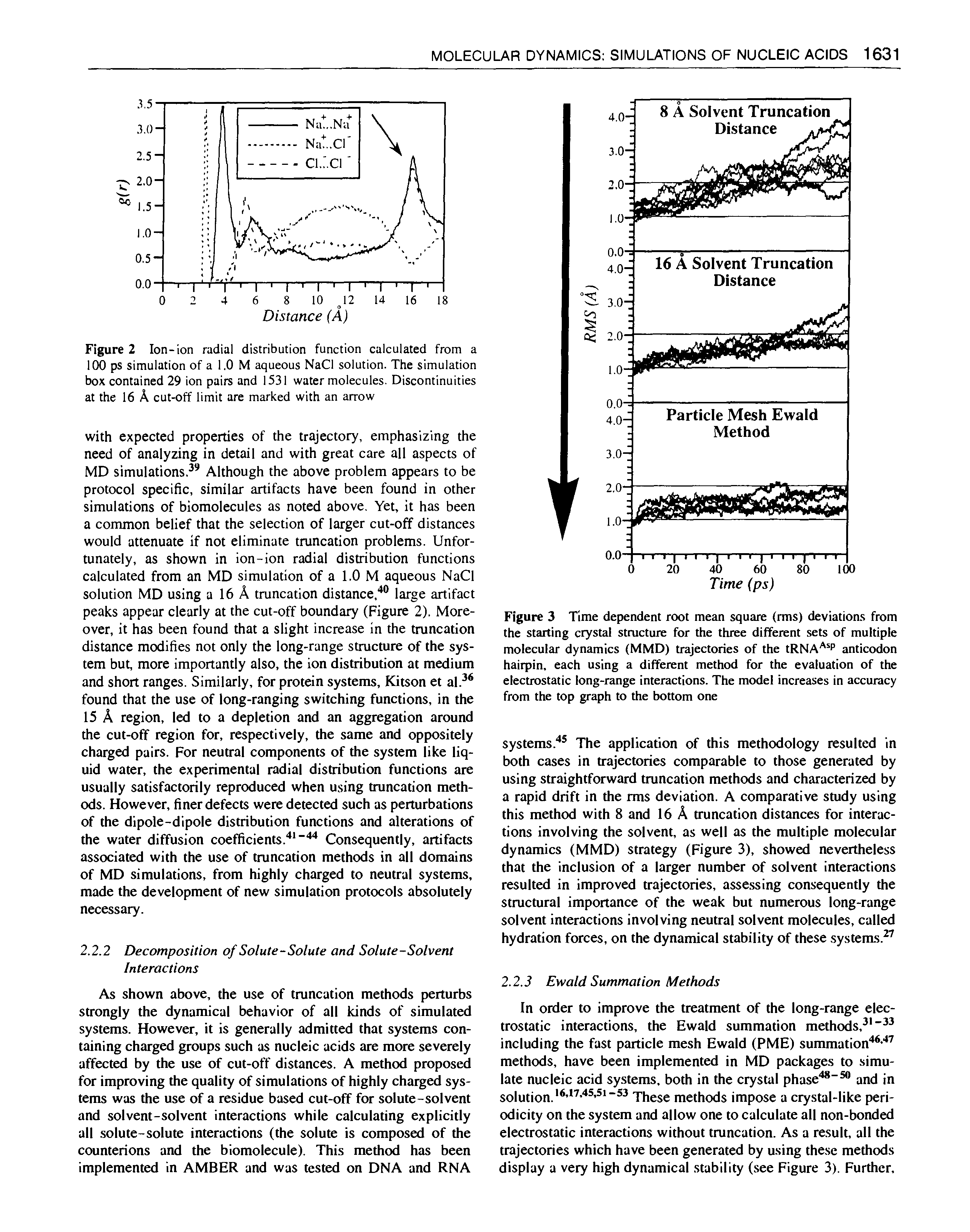 Figure 3 Time dependent root mean square (rms) deviation. from the starting crystal structure for the three different sets of multiple molecular dynamics (MMD) trajectories of the tRNA " anticodon hairpin, each using a different method for the evaluation of the electrostatic long-range interactions. The model increases in accuracy from the top graph to the bottom one...