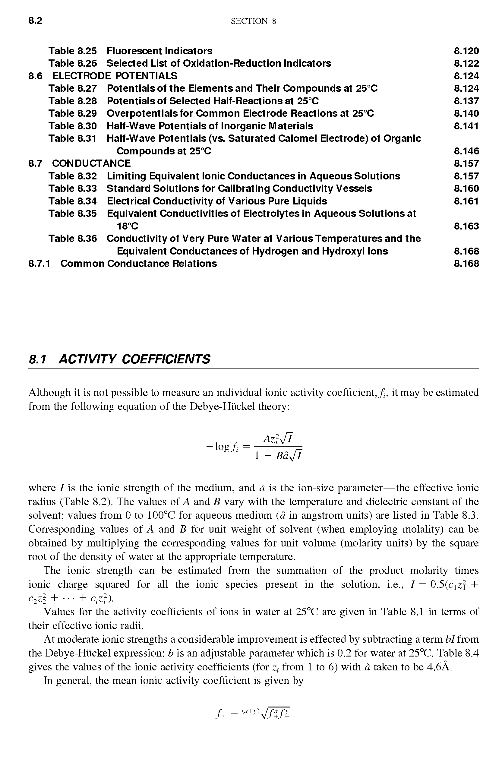 Table 8.32 Limiting Equivalent Ionic Conductances in Aqueous Solutions 8.157...