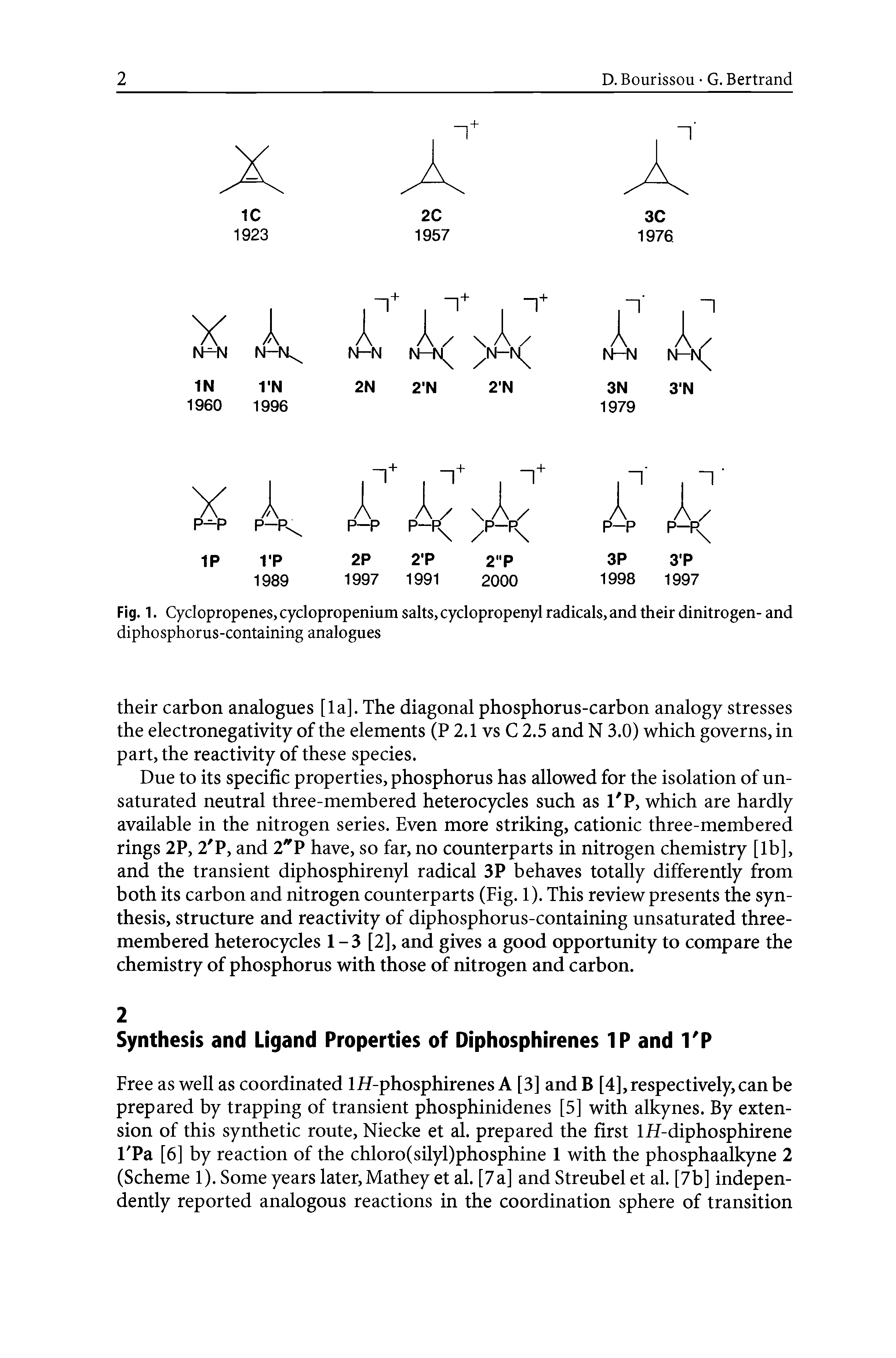 Fig. 1. Cyclopropenes, cyclopropenium salts, cyclopropenyl radicals, and their dinitrogen- and diphosphorus-containing analogues...