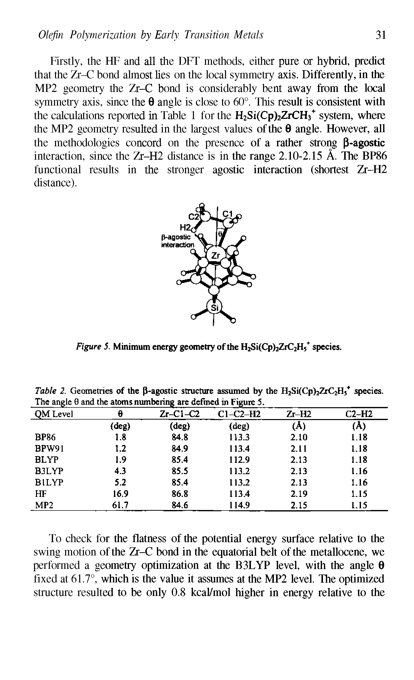 Figure 5. Minimum energy geometry of the H2Si(Cp)2ZrC2H5+ species.