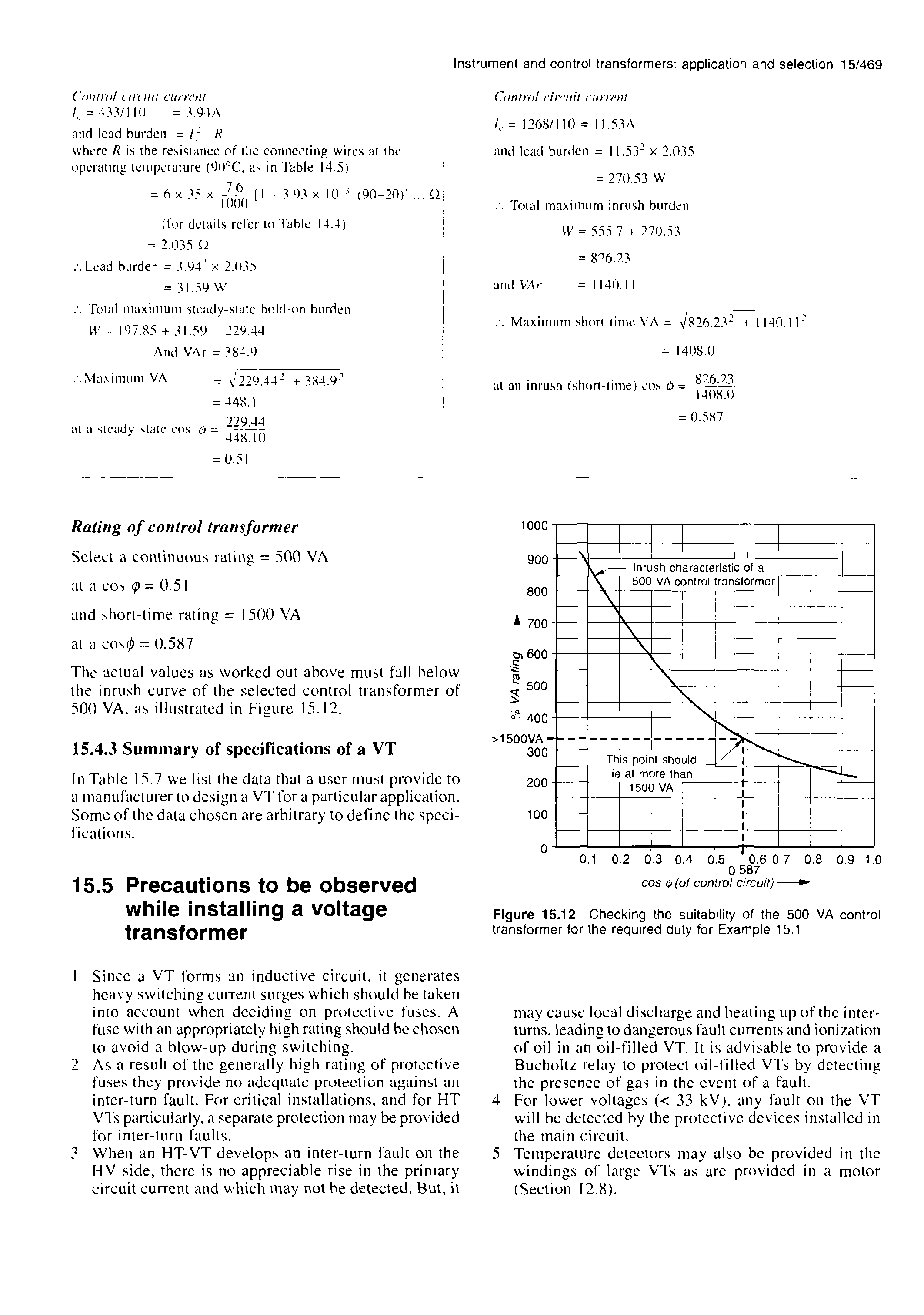 Figure 15.12 Checking the suitability of the 500 VA control transformer for the required duty tor Example 15,1...