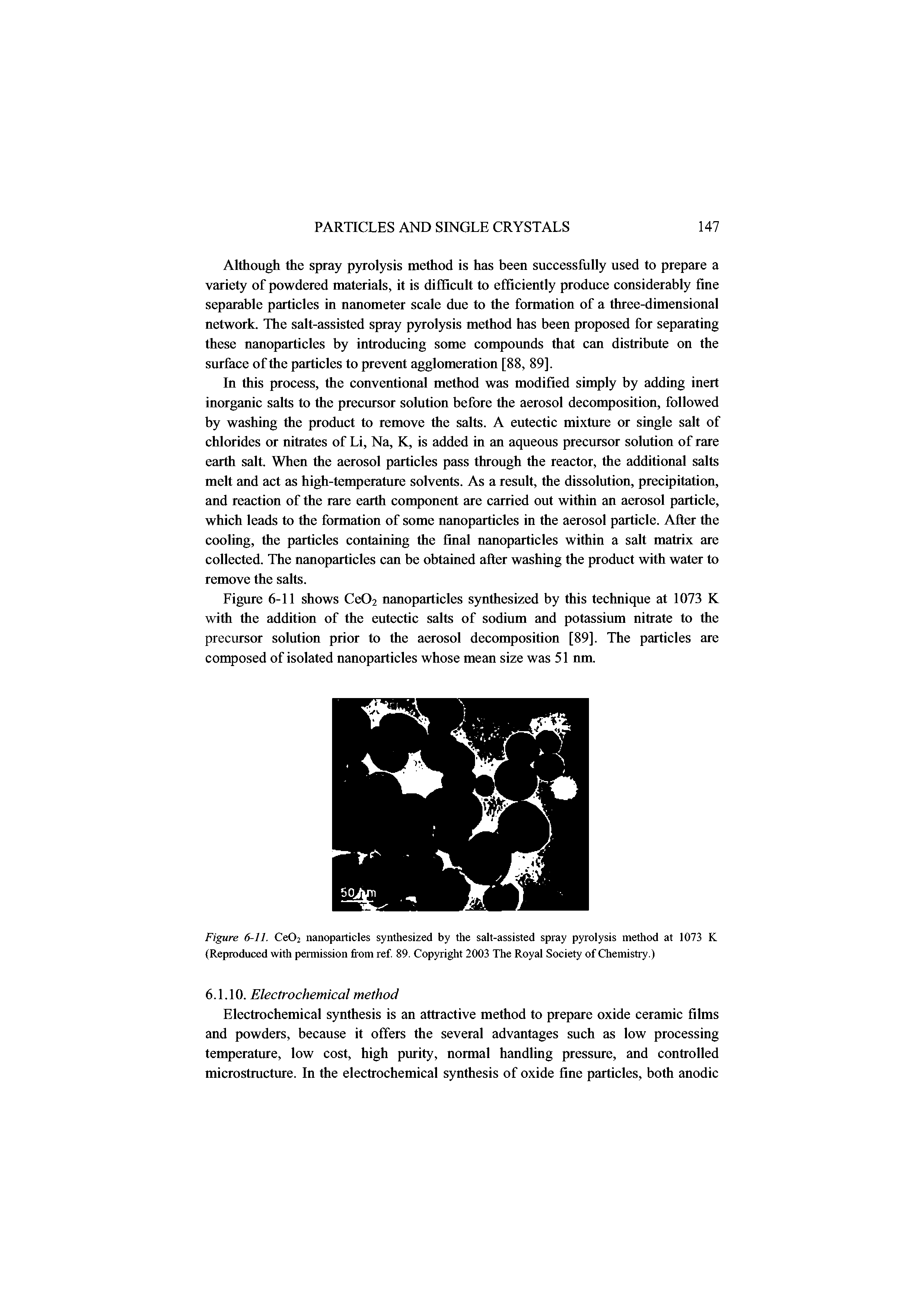 Figure 6-11. Ce02 nanoparticles synthesized by the salt-assisted spray pyrolysis method at 1073 K (Reproduced with permission from ref. 89. Copyright 2003 The Royal Society of Chemistry. )...