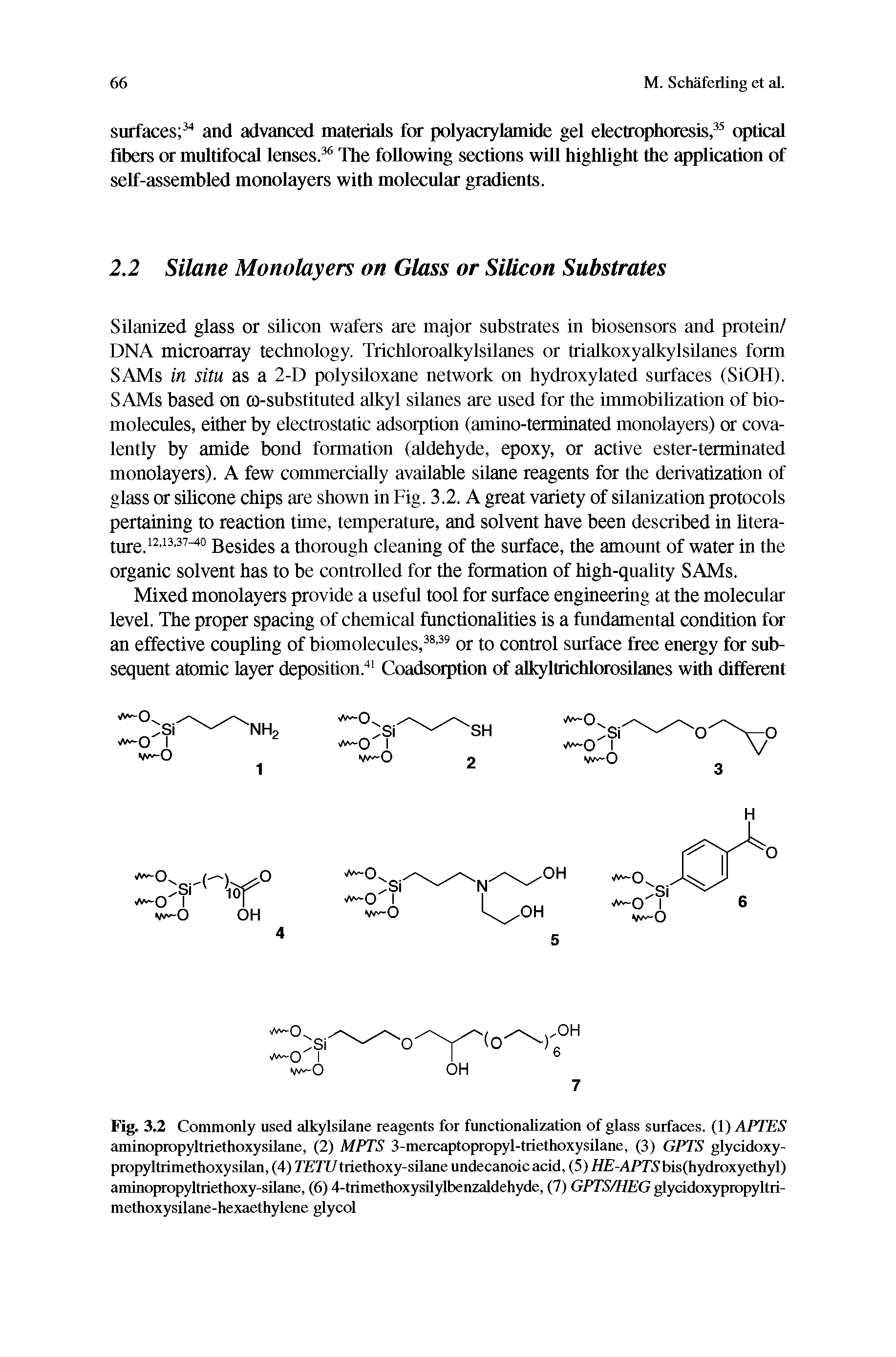 Fig. 3.2 Commonly used alkylsilane reagents for functionalization of glass surfaces. (1) APTES aminopropyltriethoxysilane, (2) MPTS 3-mercaptopropyl-triethoxysilane, (3) GPTS glycidoxy-propyltrimethoxysilan, (4) TETU triethoxy-silane undecanoic acid, (5) HE-APTS b i s ( h yd mx y ct h y I) aminopropyltriethoxy-silane, (6) 4-trimethoxysilylbenzaldehyde, (7) GPTS/HEG glyddoxypropyltri-methoxysilane-hexaethylene glycol...