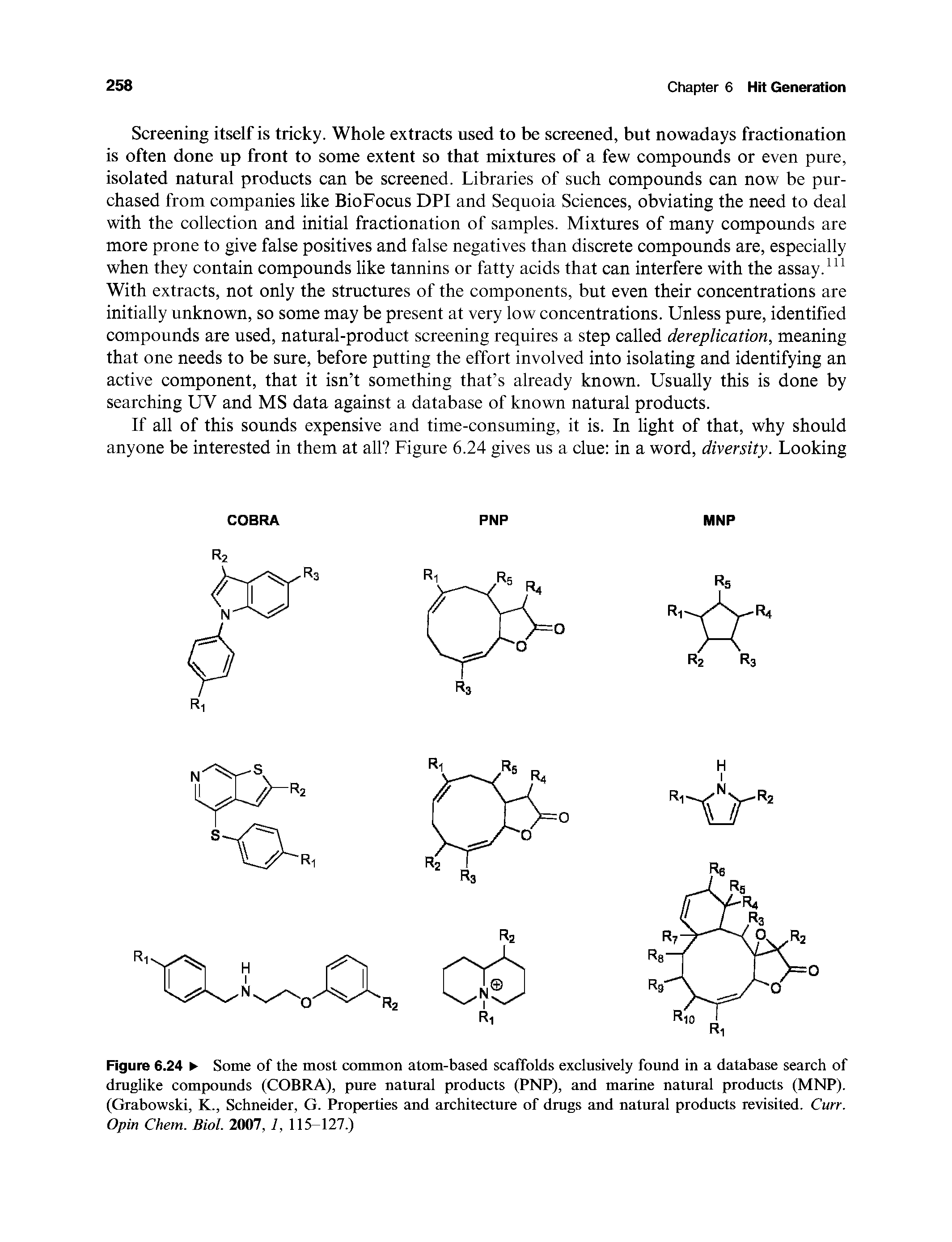Figure 6.24 Some of the most common atom-based scaffolds exclusively found in a database search of druglike compounds (COBRA), pure natural products (PNP), and marine natural products (MNP). (Grabowski, K., Schneider, G. Properties and architecture of drugs and natural products revisited. Curr. Opin Chem. Biol 2007, 1, 115-127.)...
