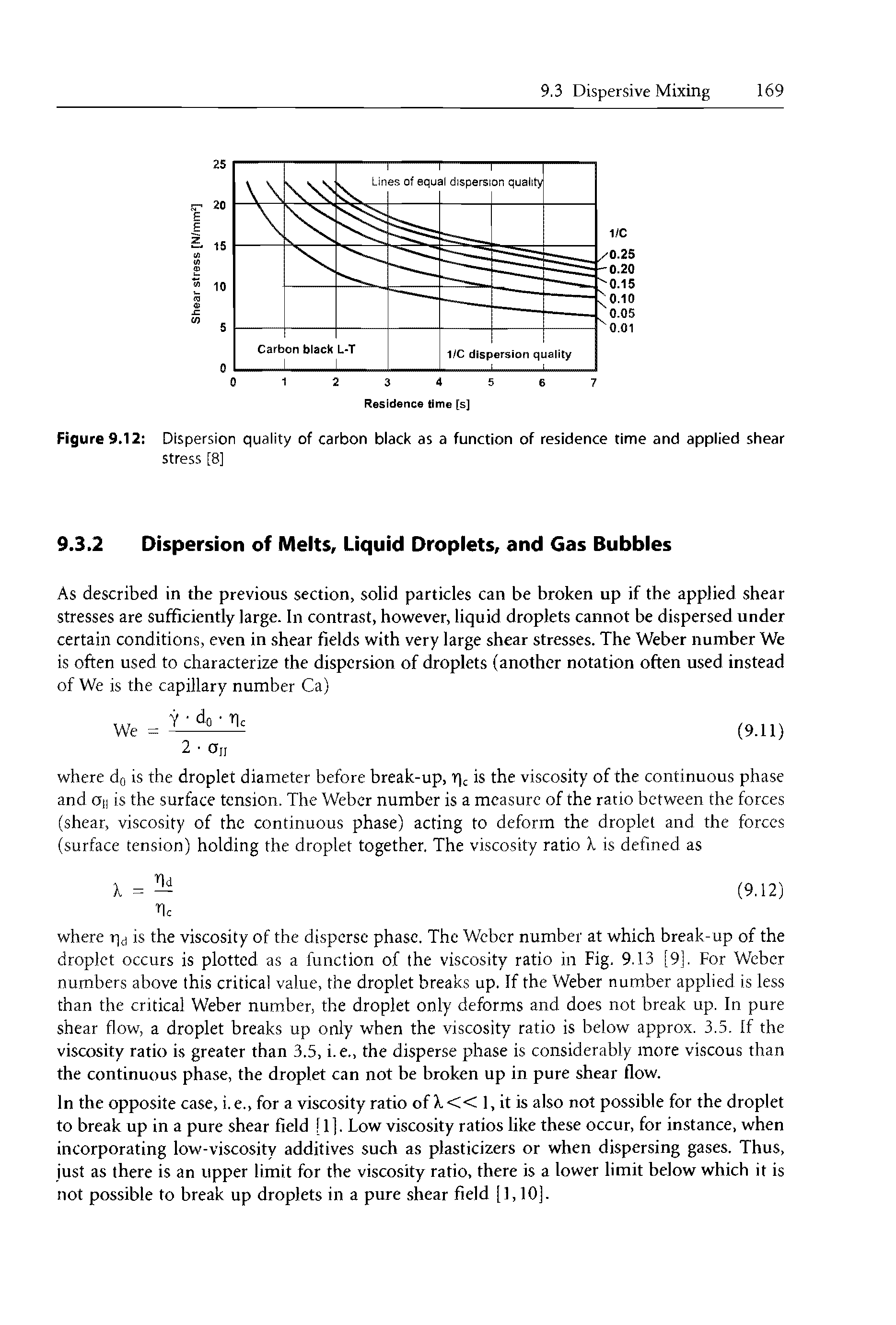 Figure 9.12 Dispersion quality of carbon black as a function of residence time and applied shear...