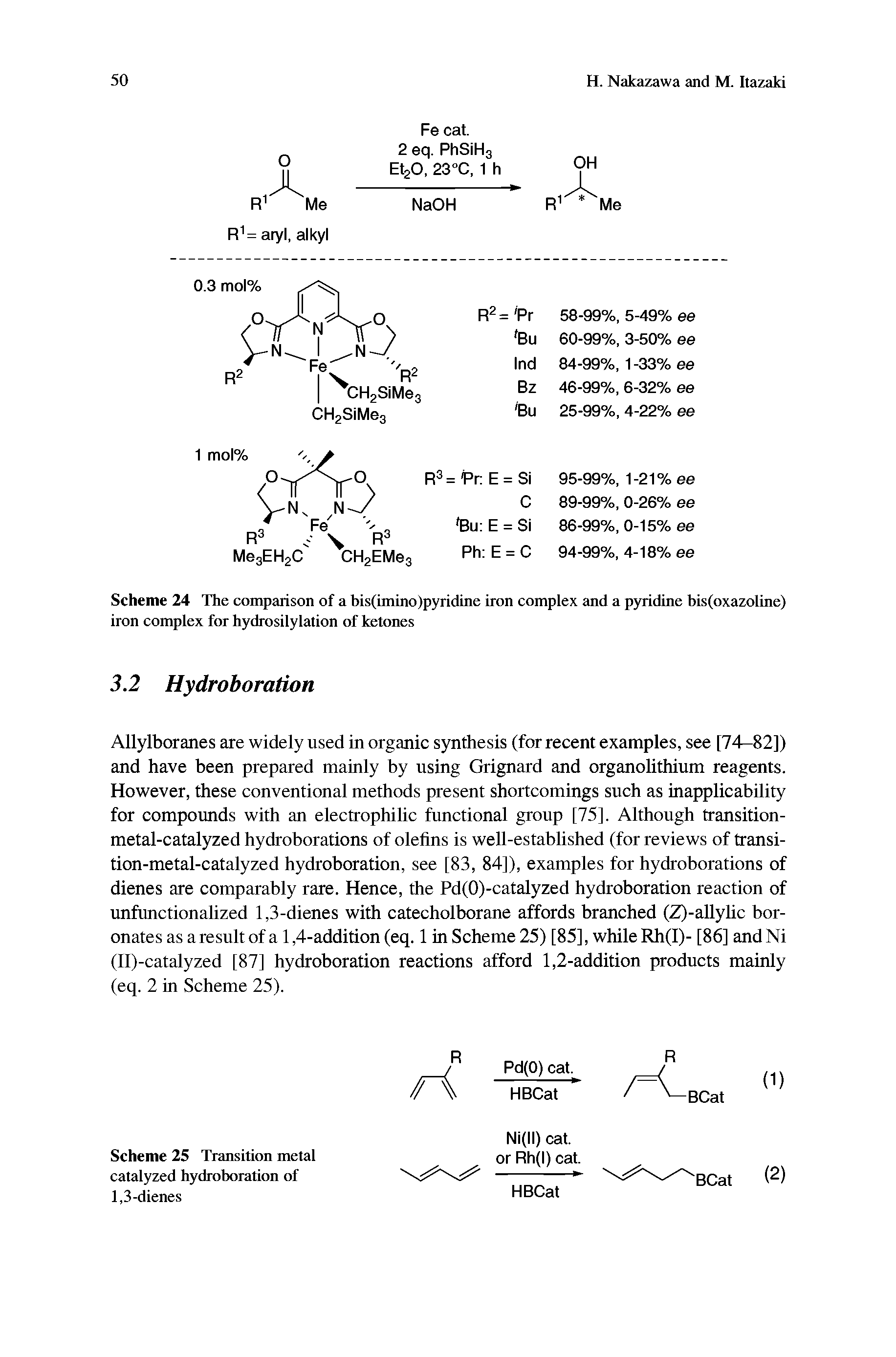 Scheme 24 The comparison of a bis(imino)pyridine iron complex and a pyridine bis(oxazoline) iron complex for hydrosilylation of ketones...