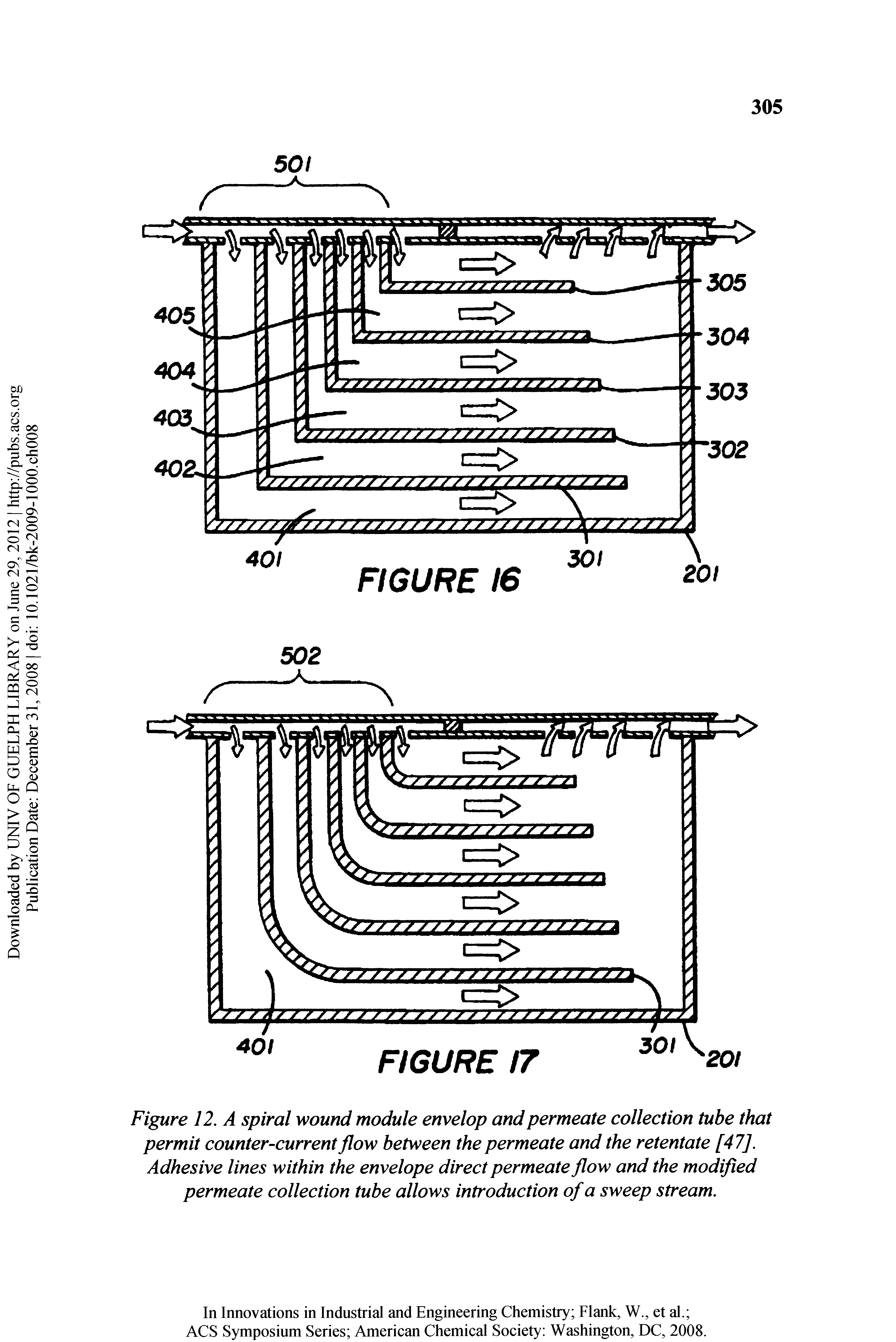 Figure 12, A spiral wound module envelop and permeate collection tube that permit counter-current flow between the permeate and the retentate [47], Adhesive lines within the envelope direct permeate flow and the modified permeate collection tube allows introduction of a sweep stream.