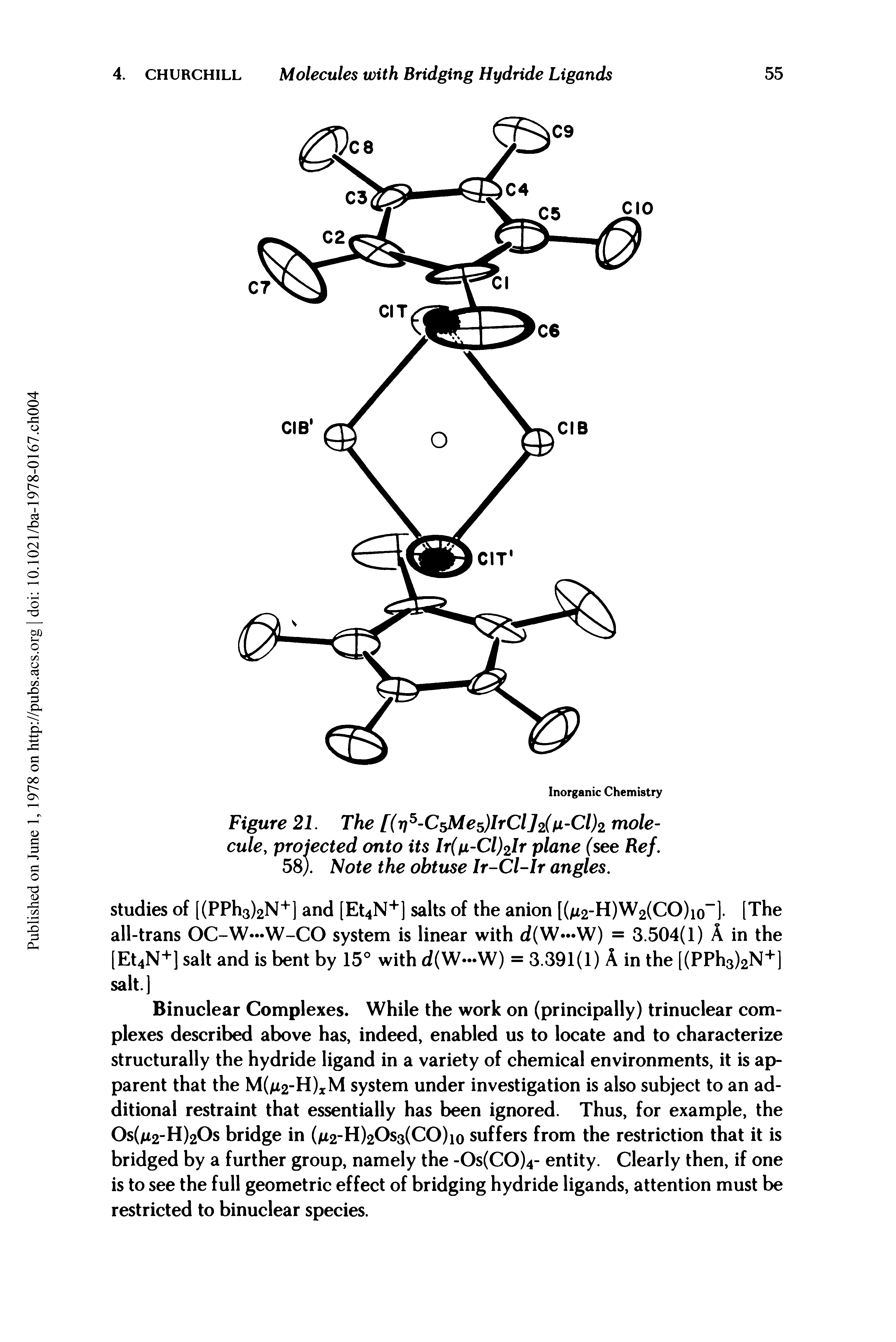 Figure 21. The [( -CsMe IrClJzin-Cl) . molecule, projected onto its Ir(fi-Cl)2lr plane (see Ref. 58). Note the obtuse Ir-Cl-Ir angles.