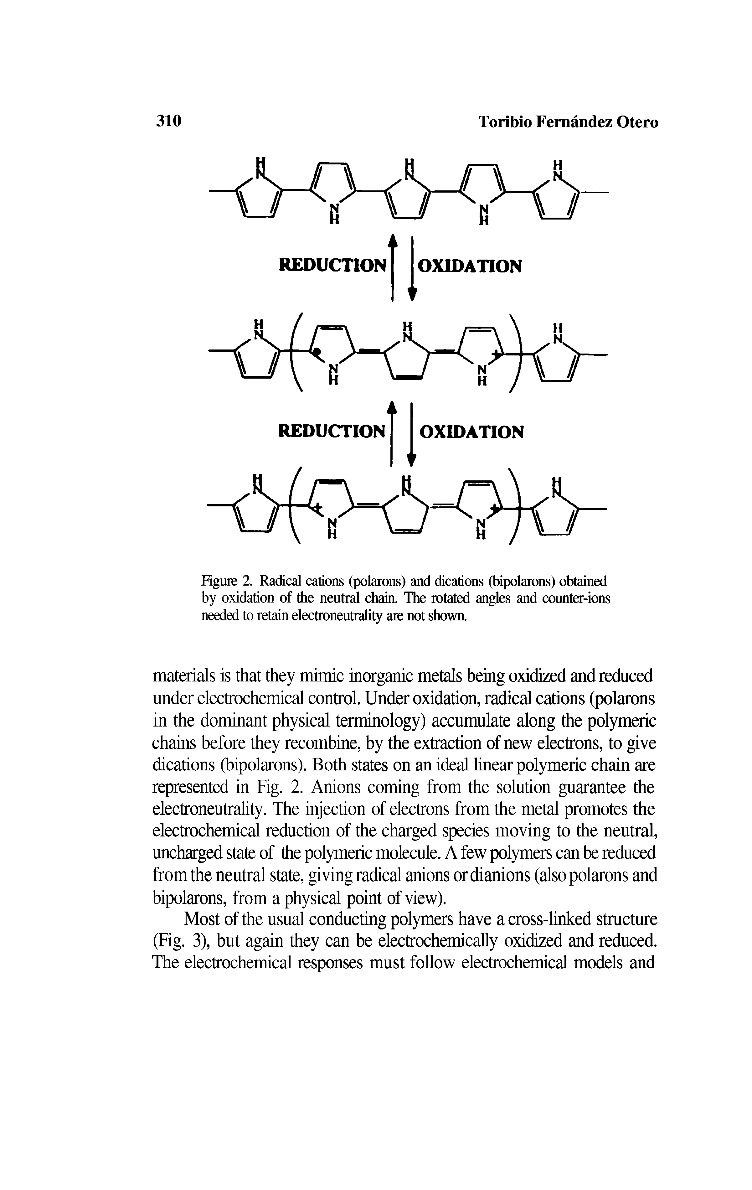 Figure 2. Radical cations (polarons) and dications (bipolarons) obtained by oxidation of the neutral chain. The rotated angles and counter-ions needed to retain electroneutrality are not shown.