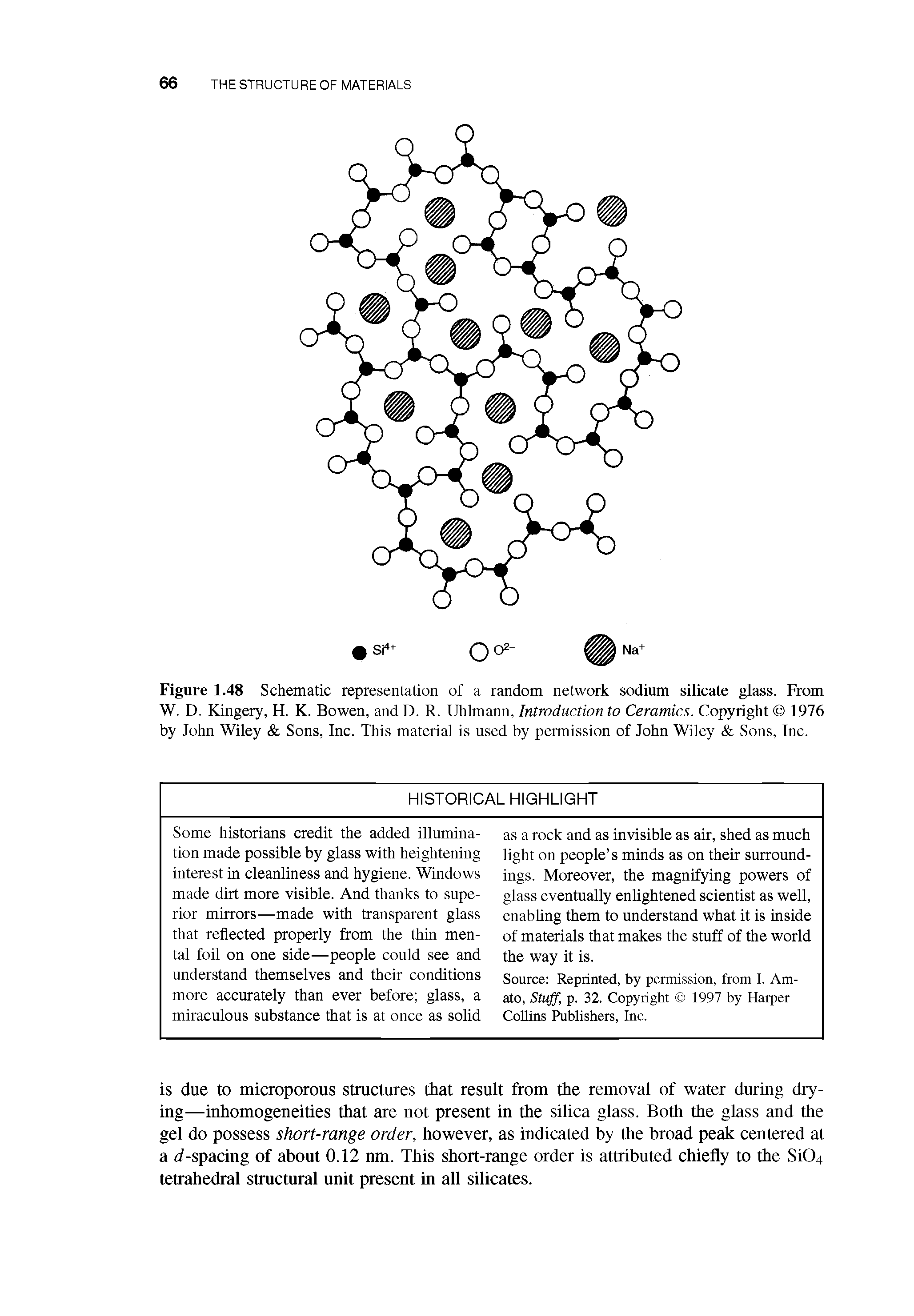 Figure 1.48 Schematic representation of a random network sodium silicate glass. From W. D. Kingery, H. K. Bowen, and D. R. Uhlmann, Introduction to Ceramics. Copyright 1976 by John Wiley Sons, Inc. This material is used by permission of John Wiley Sons, Inc.