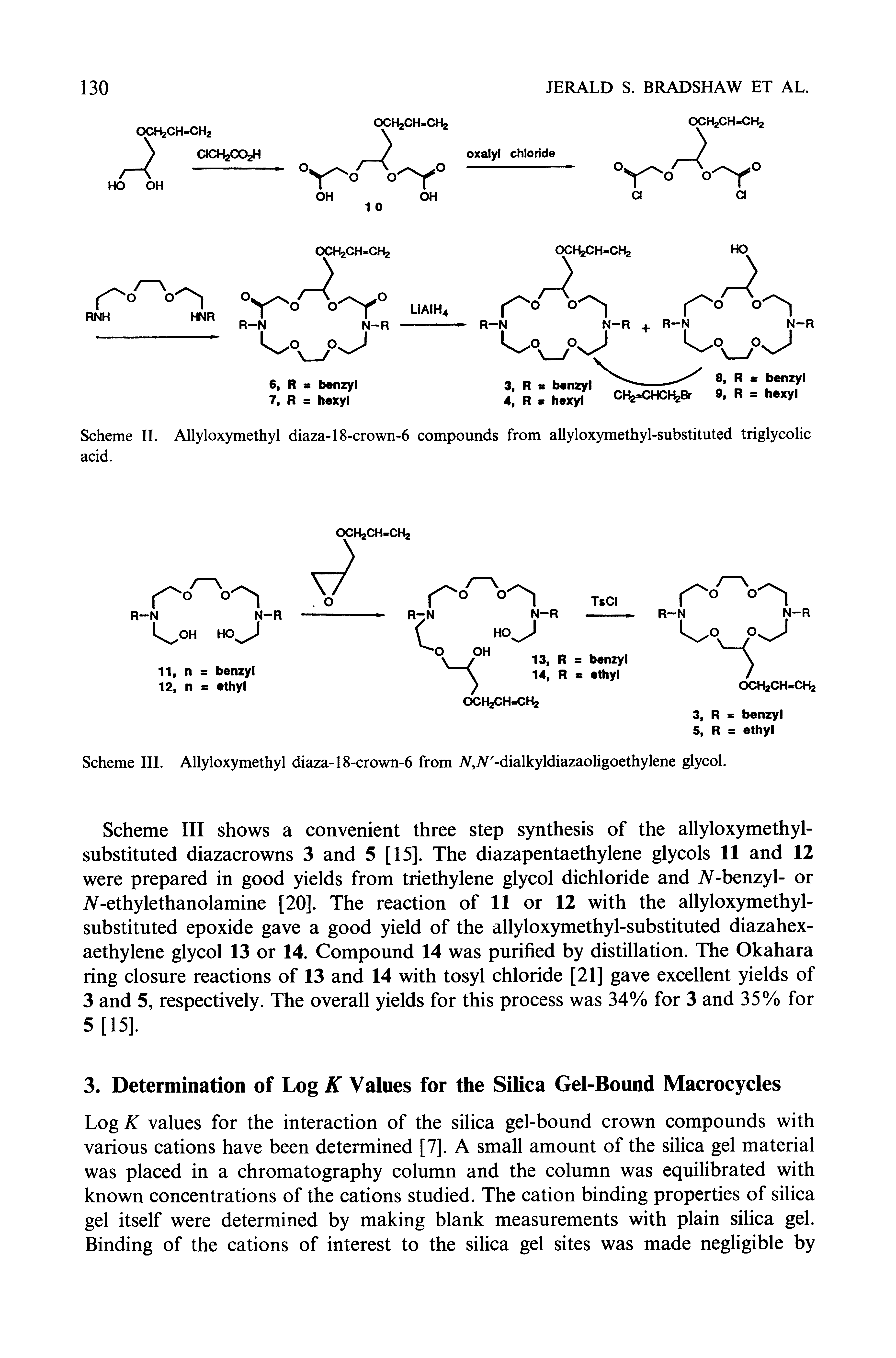 Scheme III shows a convenient three step synthesis of the allyloxymethyl-substituted diazacrowns 3 and 5 [15]. The diazapentaethylene glycols 11 and 12 were prepared in good yields from triethylene glycol dichloride and iV-benzyl- or AT-ethylethanolamine [20]. The reaction of 11 or 12 with the allyloxymethyl-substituted epoxide gave a good yield of the allyloxymethyl-substituted diazahex-aethylene glycol 13 or 14. Compound 14 was purified by distillation. The Okahara ring closure reactions of 13 and 14 with tosyl chloride [21] gave excellent yields of 3 and 5, respectively. The overall yields for this process was 34% for 3 and 35% for 5 [15].