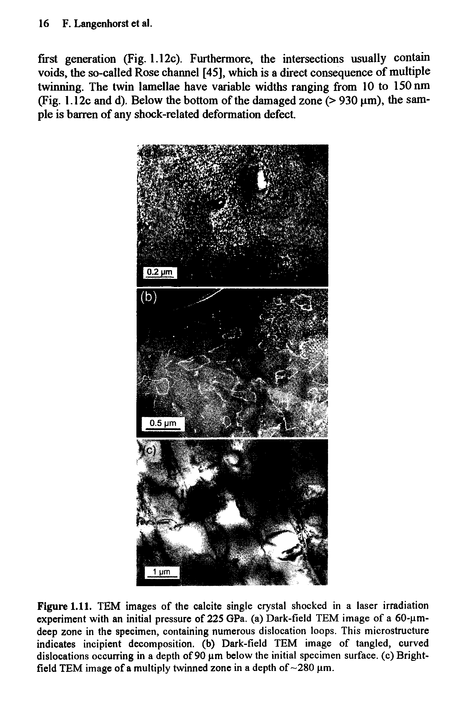 Figure 1.11. TEM images of the calcite single crystal shocked in a laser irradiation experiment with an initial pressure of 225 GPa. (a) Dark-field TEM image of a 60-pm-deep zone in the specimen, containing numerous dislocation loops. This microstructure indicates incipient decomposition, (b) Dark-field TEM image of tangled, curved dislocations occurring in a depth of 90 pm below the initial specimen surface, (c) Bright-field TEM image of a multiply twinned zone in a depth of-280 pm.