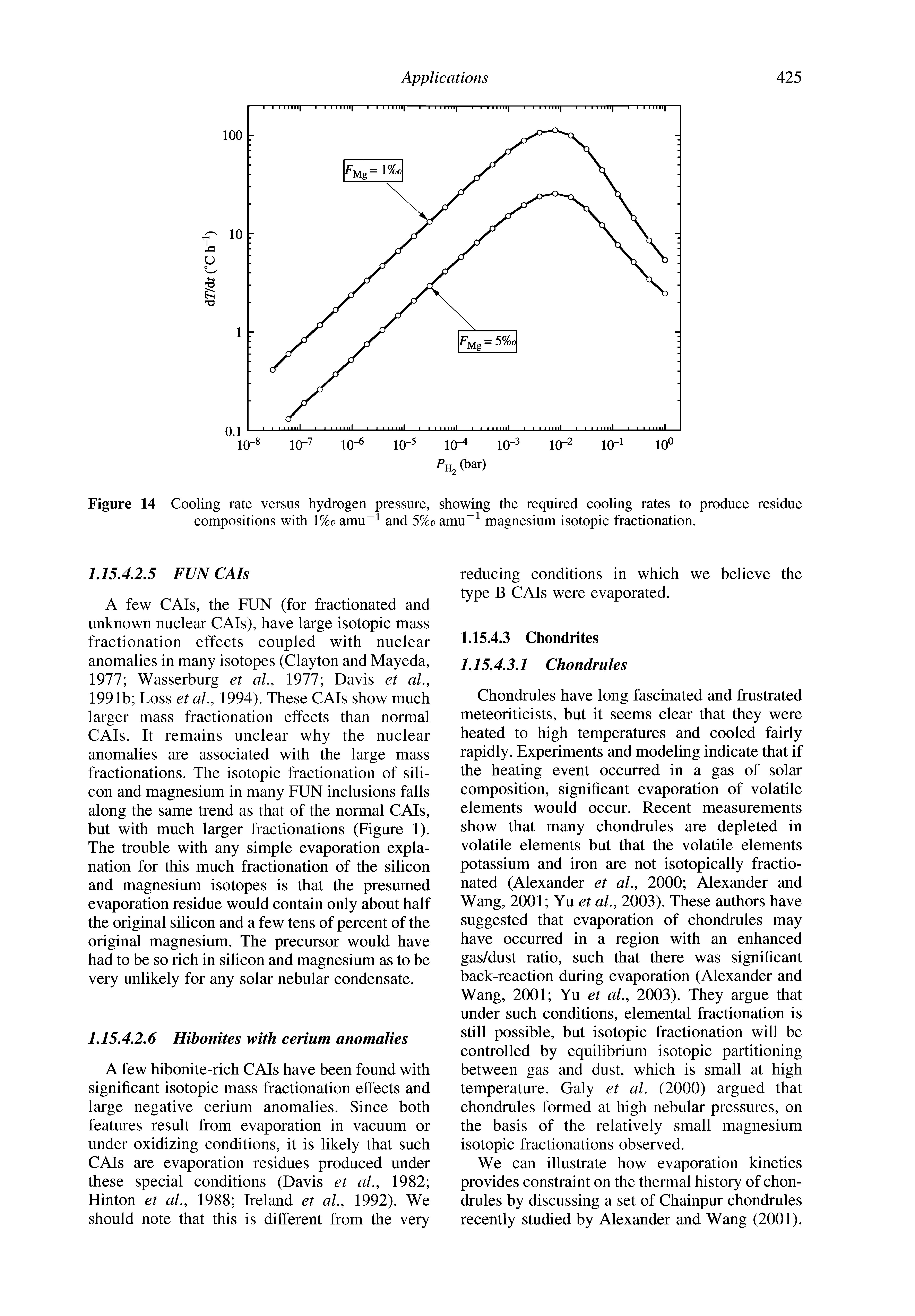 Figure 14 Cooling rate versus hydrogen pressure, showing the required cooling rates to produce residue compositions with %c amu and 5%c amu magnesium isotopic fractionation.