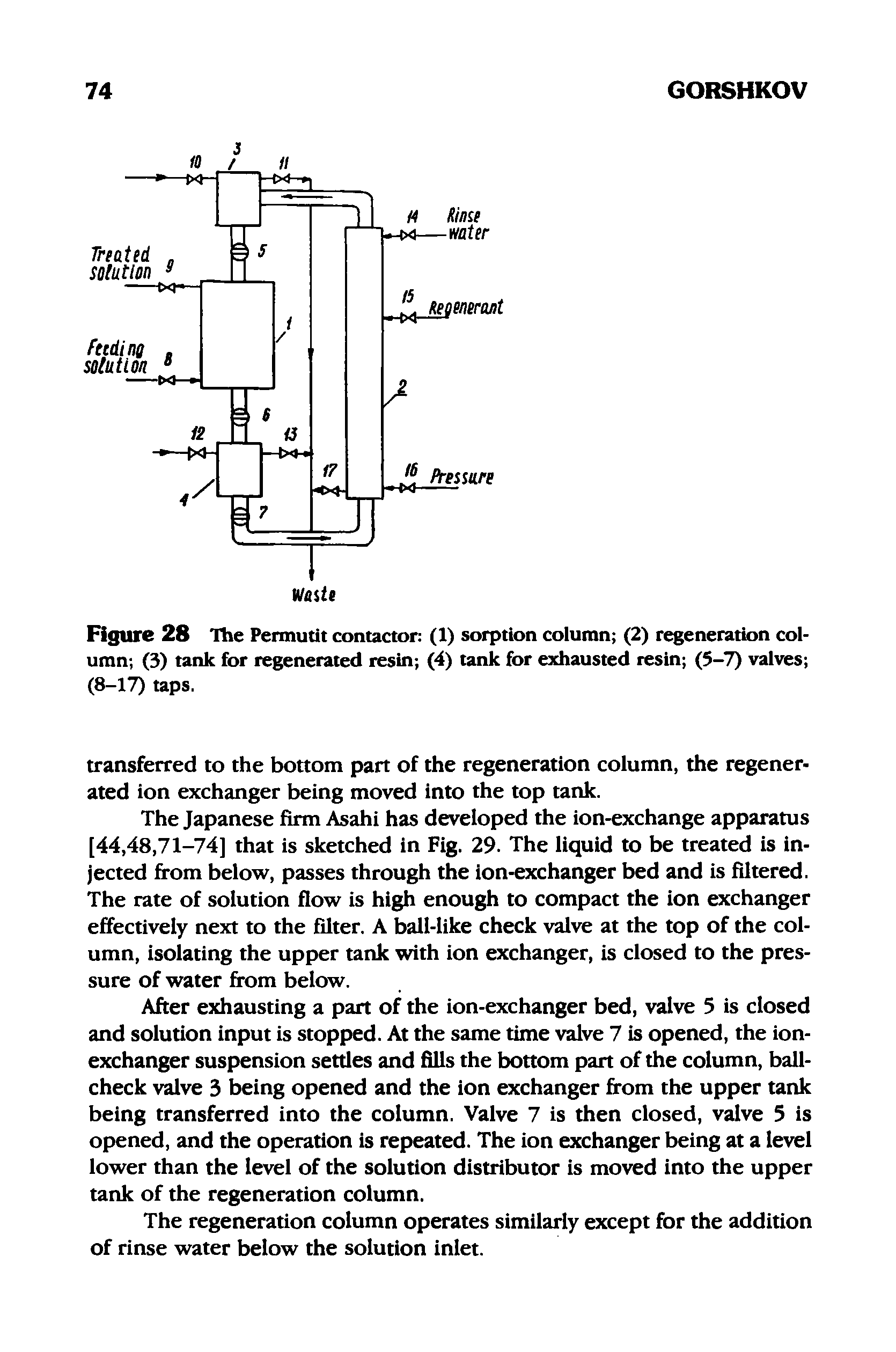 Figure 28 The Pennutit contactor (1) sorption column (2) regeneration column (3) tank for regenerated resin (4) tank for exhausted resin (5-7) valves (8-17) taps.