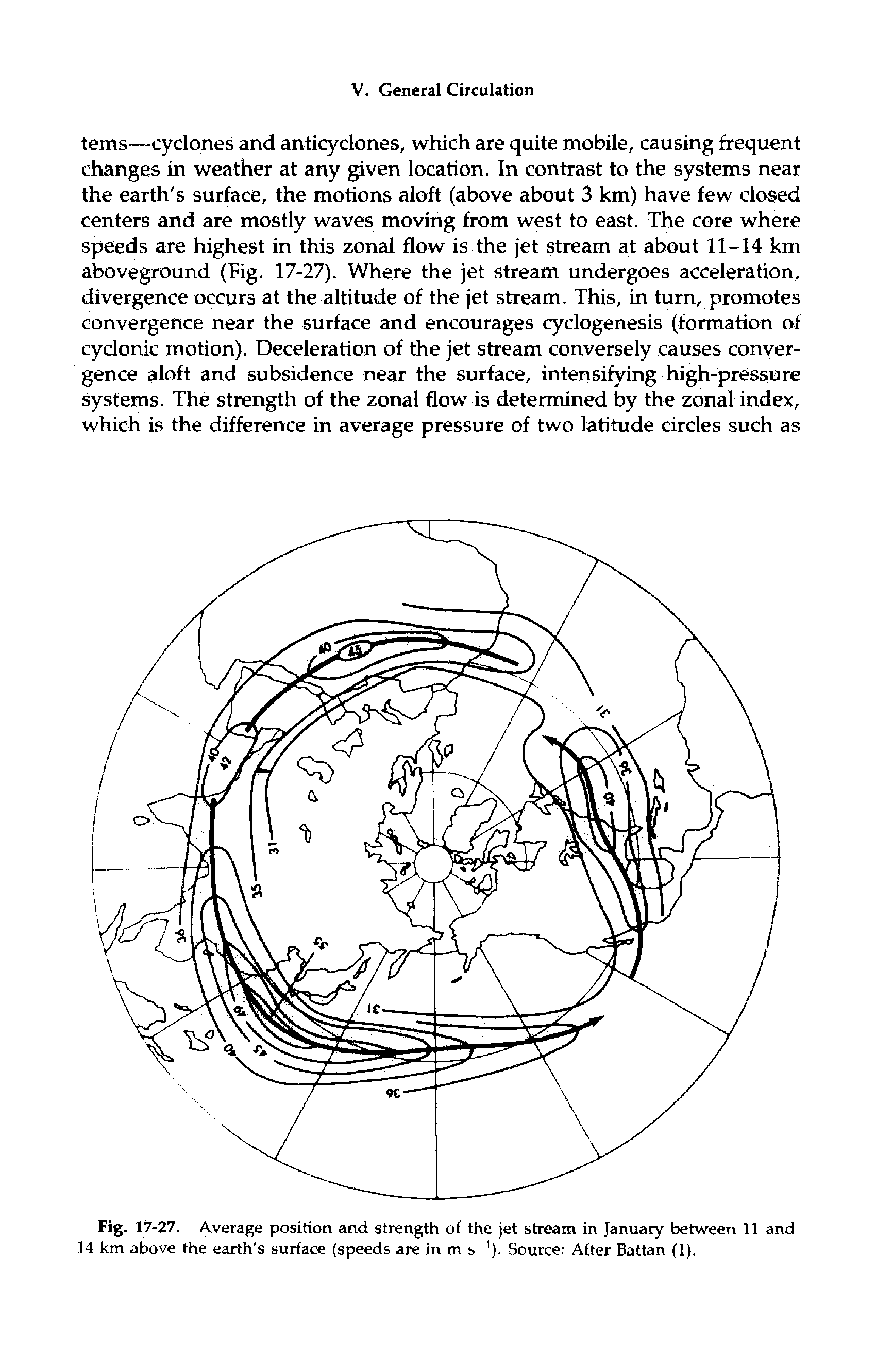 Fig. 17-27. Average position and strength of the jet stream in January between 11 and 14 km above the earth s surface (speeds are in m s ). Source After Battan (1).
