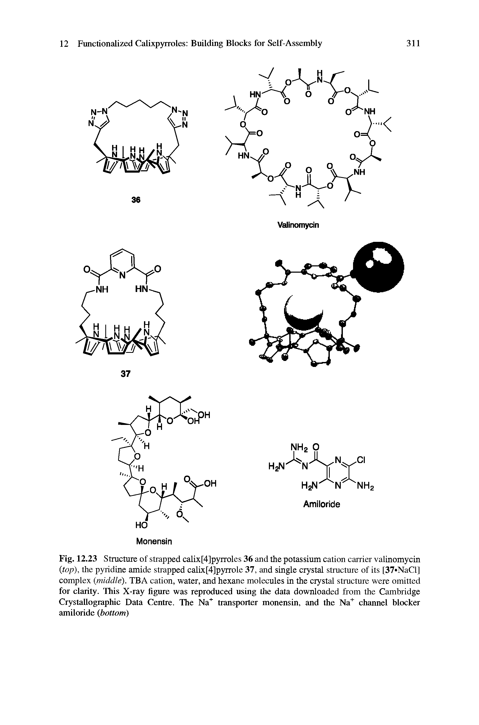Fig. 12.23 Structure of strapped calix[4]pyrroles 36 and the potassium cation carrier valinomycin (top), the pyridine amide strapped calix[4]pyrrole 37, and single crystal structure of its [37 NaCl] complex (middle). TBA cation, water, and hexane molecules in the crystal structure were omitted for clarity. This X-ray figure was reproduced using the data downloaded from the Cambridge Crystallographic Data Centre. The Na transporter monensin, and the Na" channel blocker amiloride (bottom)...