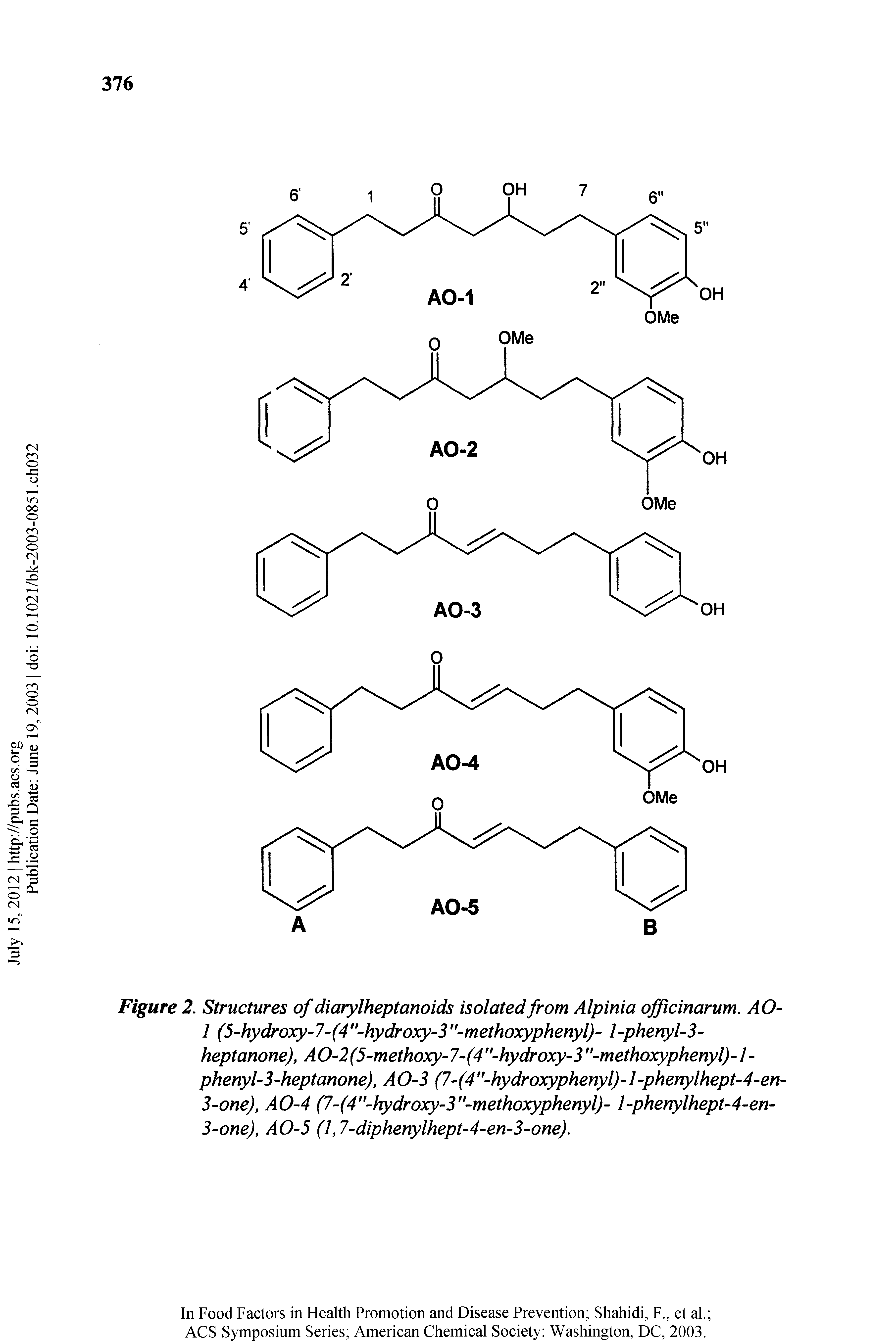 Figure 2. Structures of diarylheptanoids isolated from Alpinia officinarum. AO-1 (5-hydroxy-7-(4 -hydroxy-3 -methoxyphenyl)- l-phenyl-3-heptanone), AO-2(5-methoxy-7-(4 -hydroxy-3 -methoxyphenyl)-l-phenyl-3-heptanone), AO-3 (7-(4 -hydroxyphenyl)-l-phenylhept-4-en-3-one), AO-4 (7-(4 -hydroxy-3"-methoxyphenyl)- l-phenylhept-4-en-3-one), AO-5 (1,7-diphenylhept-4-en-3-one).
