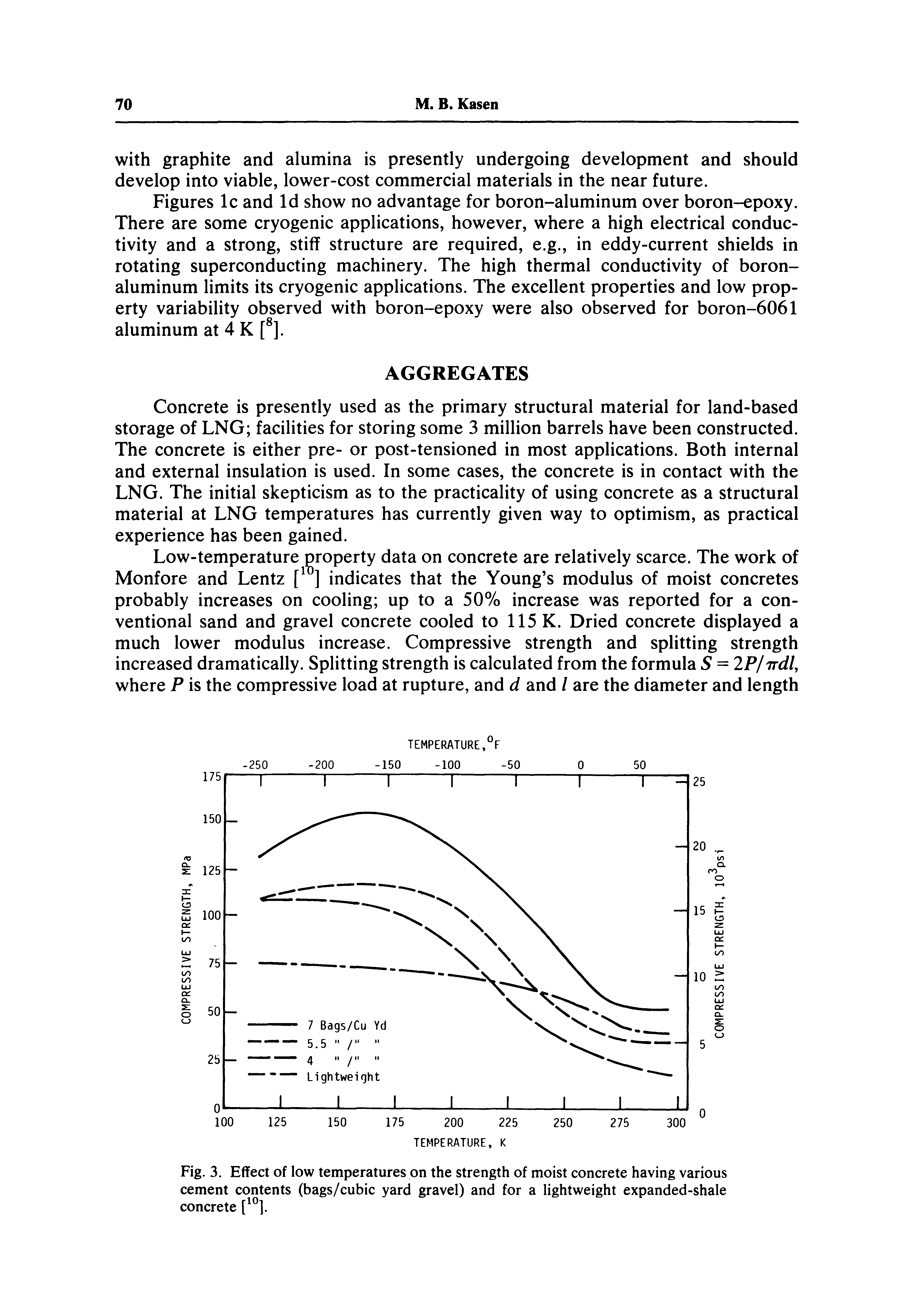 Figures Ic and Id show no advantage for boron-aluminum over boron-epoxy. There are some cryogenic applications, however, where a high electrical conductivity and a strong, stiff structure are required, e.g., in eddy-current shields in rotating superconducting machinery. The high thermal conductivity of boron-aluminum limits its cryogenic applications. The excellent properties and low property variability observed with boron-epoxy were also observed for boron-6061 aluminum at 4 K [ ].