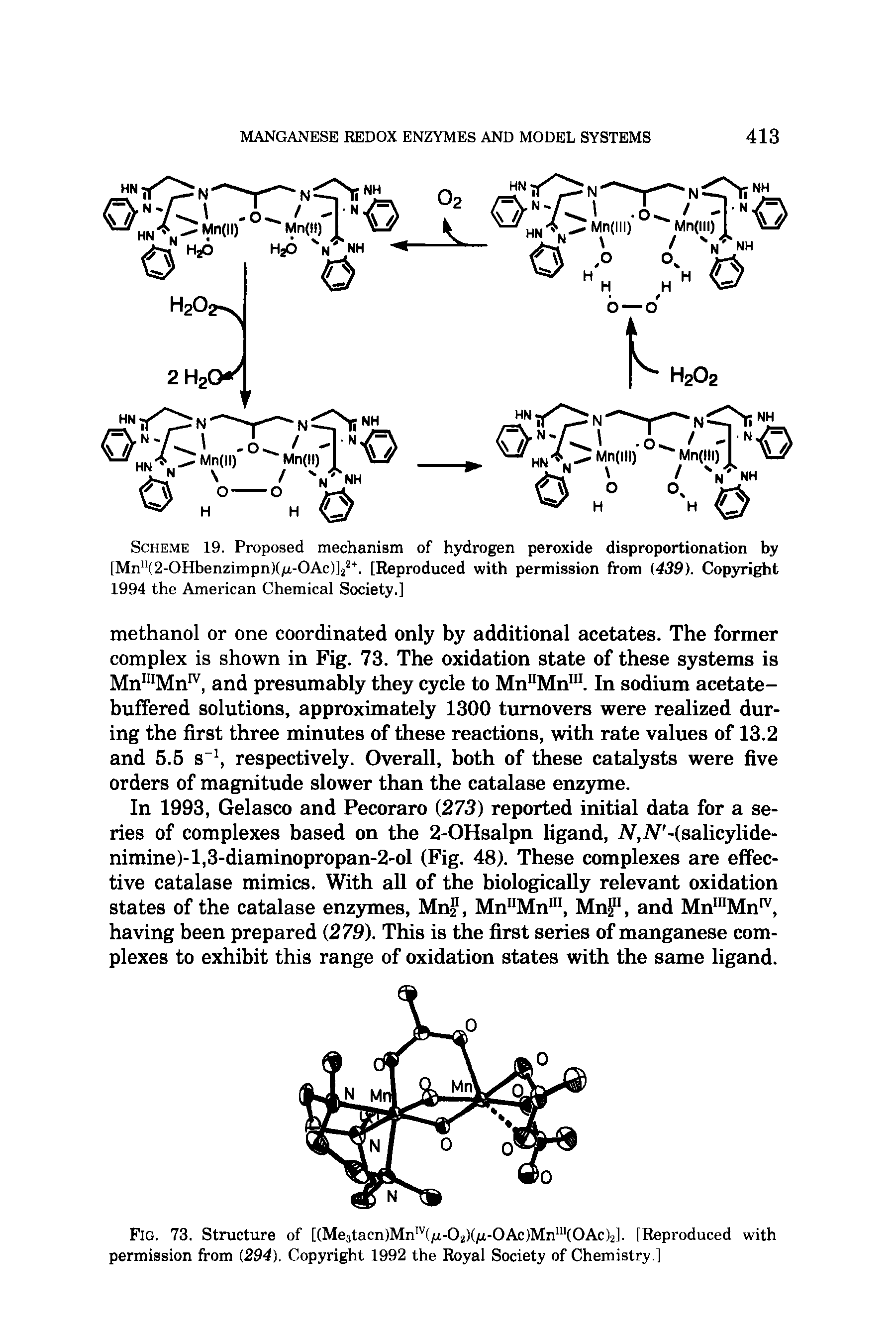 Scheme 19. Proposed mechanism of hydrogen peroxide disproportionation by Mn"(2-OHbenzimpn)(/n-OAc) 22 . [Reproduced with permission from (439). Copyright 1994 the American Chemical Society.]...