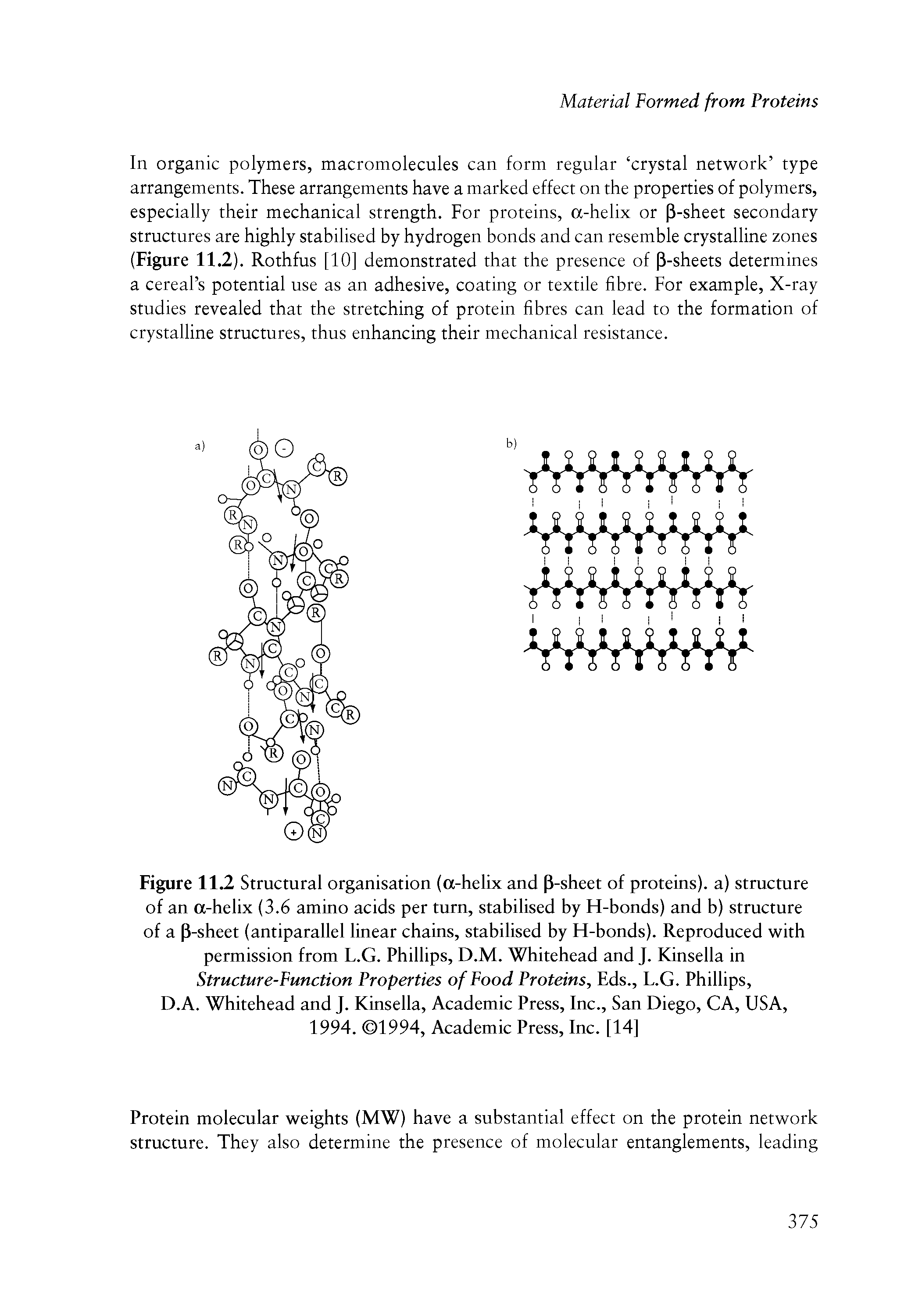 Figure 11.2 Structural organisation (a-helix and P-sheet of proteins), a) structure of an a-helix (3.6 amino acids per turn, stabilised by H-bonds) and b) structure of a P-sheet (antiparallel linear chains, stabilised by H-bonds). Reproduced with permission from L.G. Phillips, D.M. Whitehead and J. Kinsella in Structure-Function Properties of Food Proteins, Eds., L.G. Phillips,...