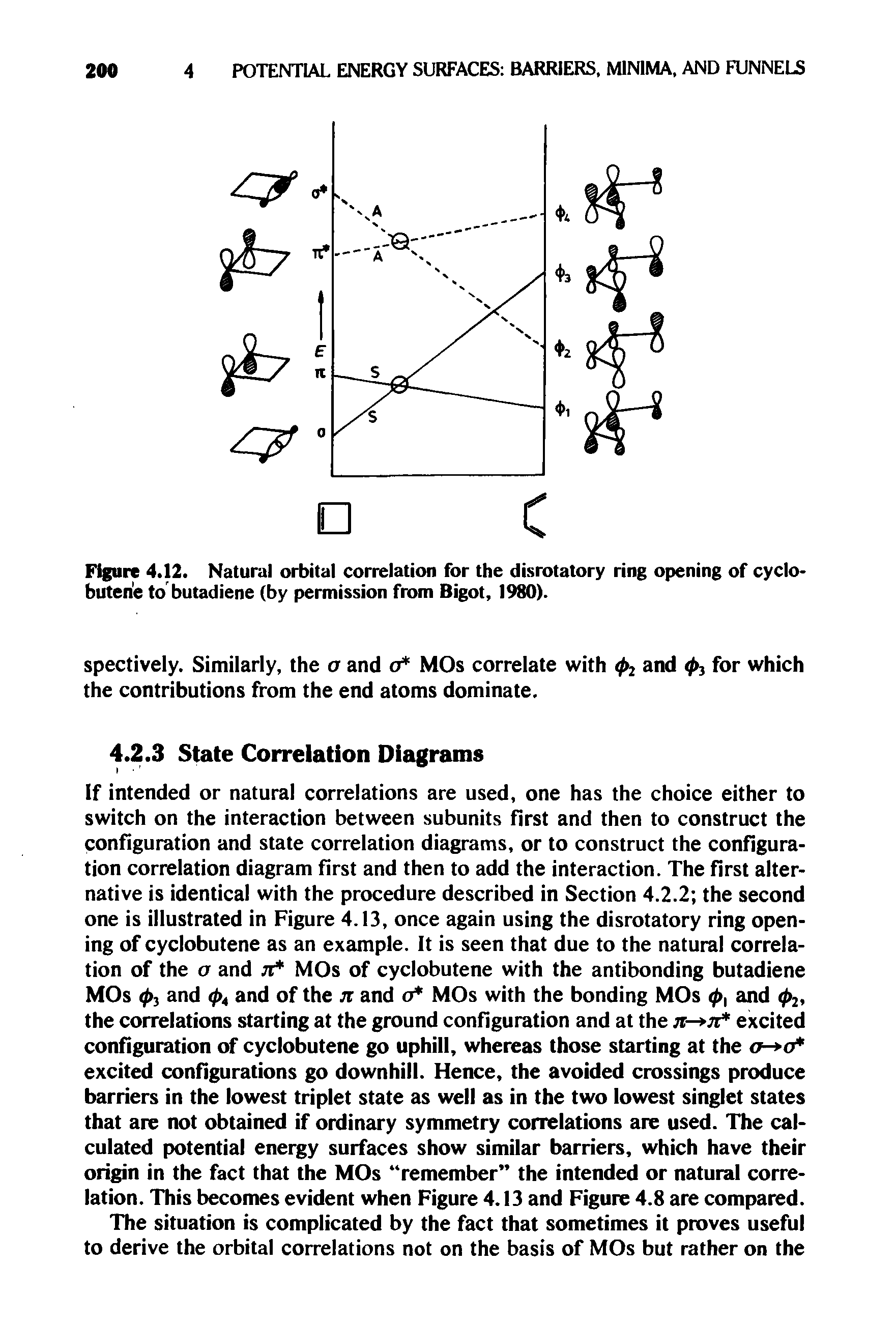 Figure 4.12. Natural orbital correlation for the disrotatory ring opening of cyclo-buten e to butadiene (by permission from Bigot, 1980).