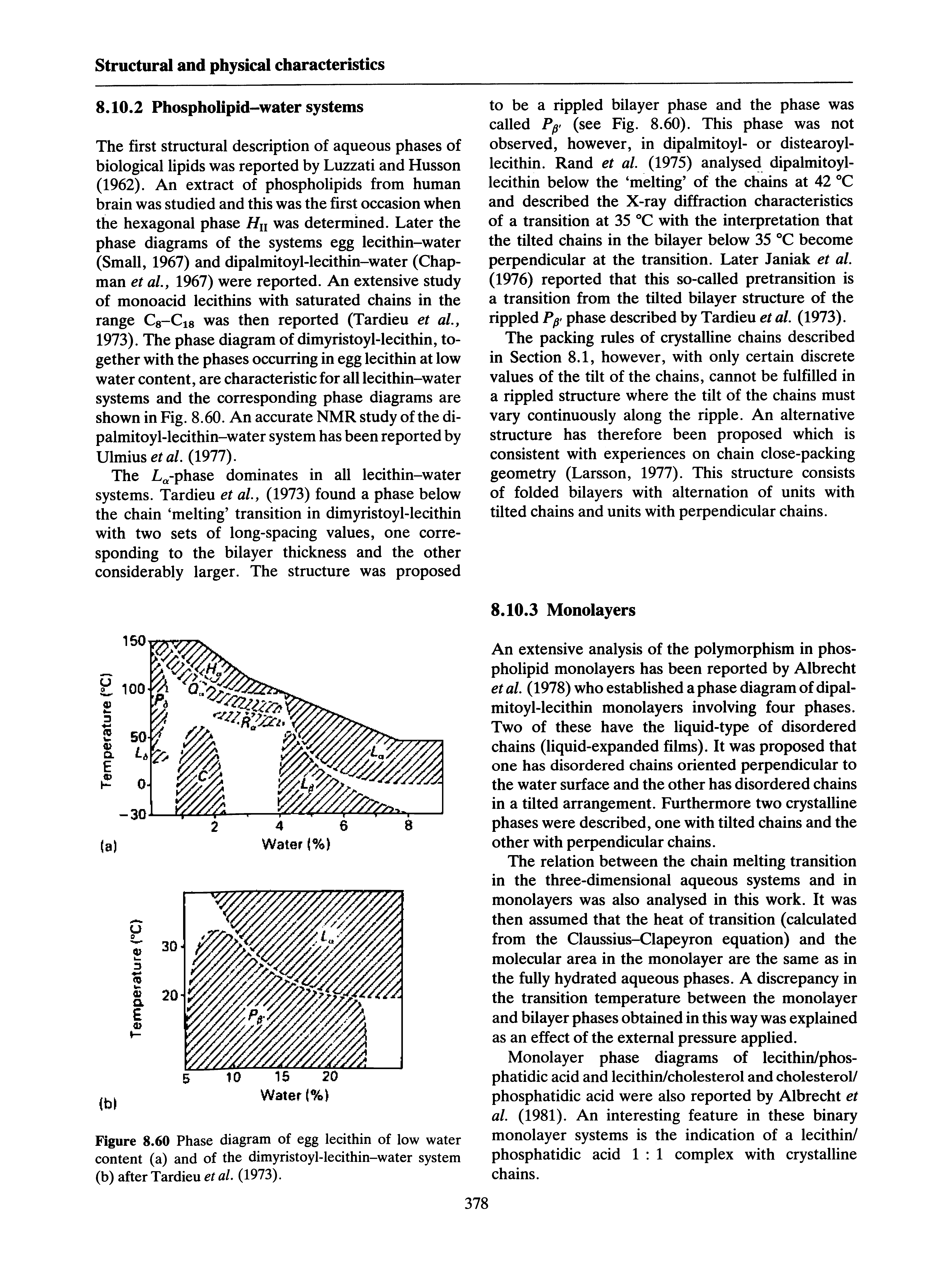Figure 8.60 Phase diagram of egg lecithin of low water content (a) and of the dimyristoyl-lecithin-water system (b) after Tardieu et al. (1973).