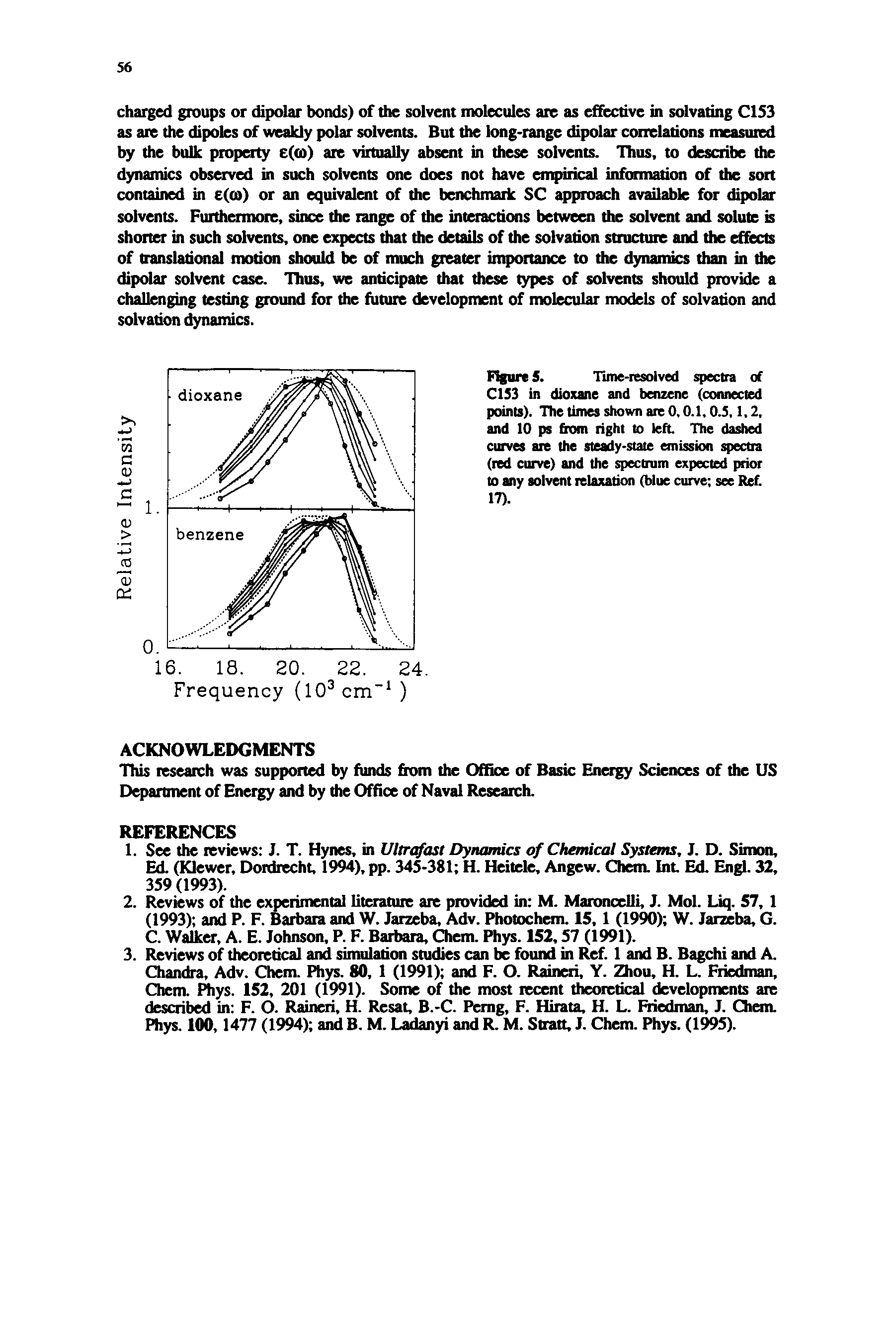 Figure 5. Hme-resolved spectra of C1S3 in dioxane and benzene (connected points). The times shown are 0,0.1,0.5,1,2, and 10 ps from tight to left. The dashed curves are the steady-state emission spectra (red curve) and the spectrum expected prior to any solvent relaxation (blue curve see Ref. 17).