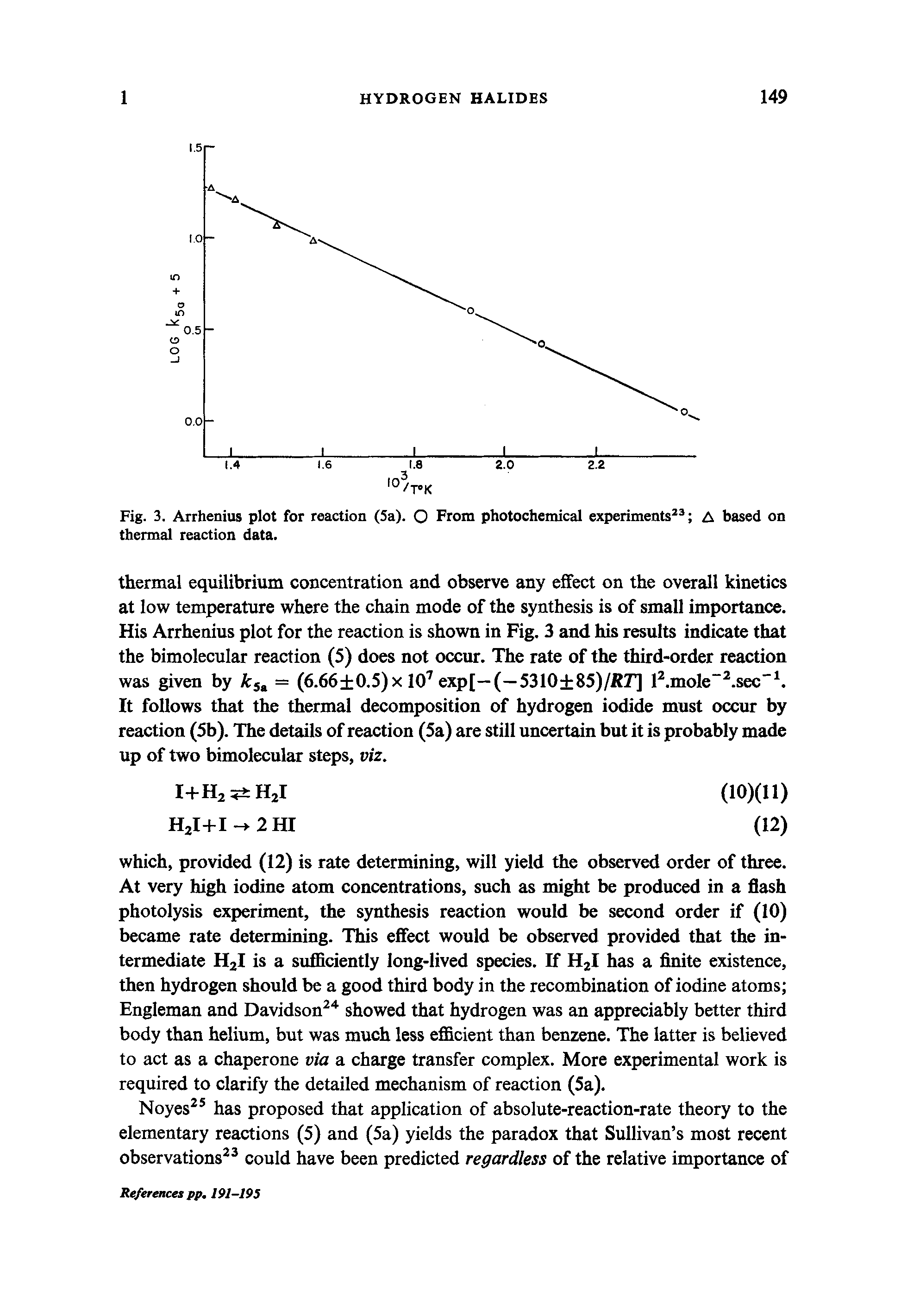 Fig. 3. Arrhenius plot for reaction (5a). O From photochemical experiments23 A based on thermal reaction data.