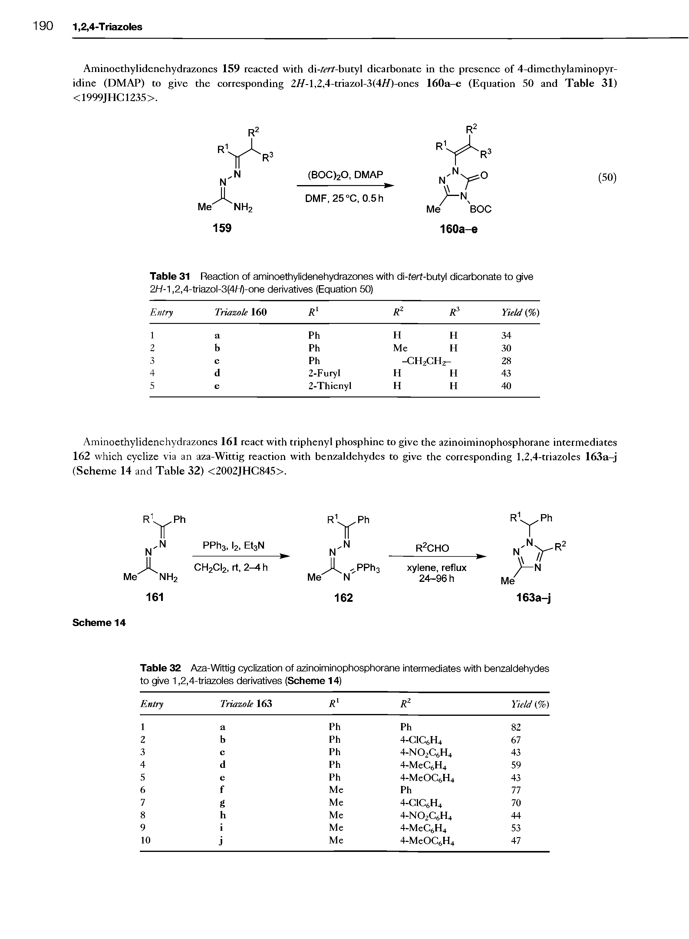 Table 32 Aza-Wittig cyclization of azinoiminophosphorane intermediates with benzaldehydes to give 1,2,4-triazoles derivatives (Scheme 14) ...