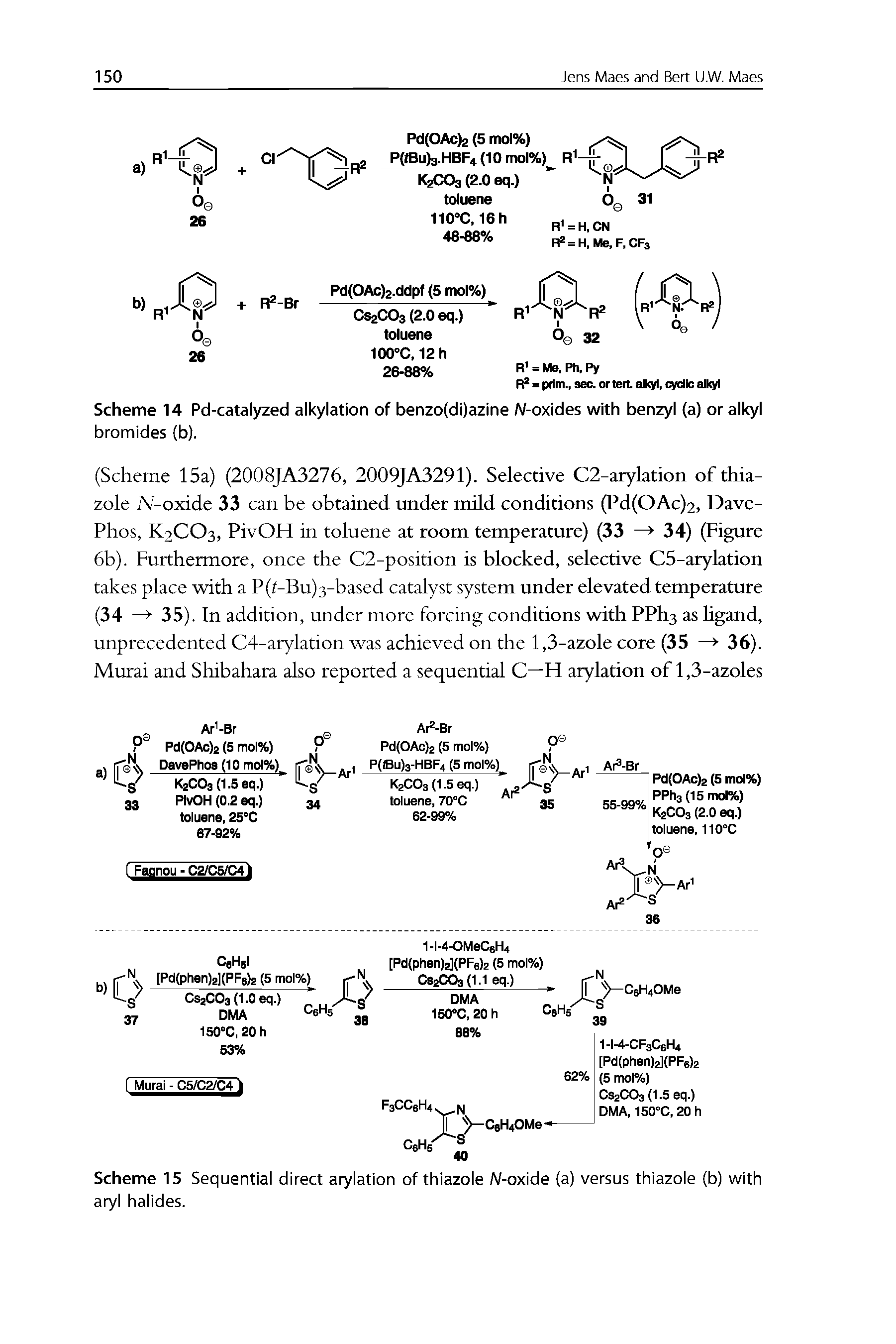 Scheme 15 Sequential direct arylation of thiazole A/-oxide (a) versus thiazole (b) with aryl halides.