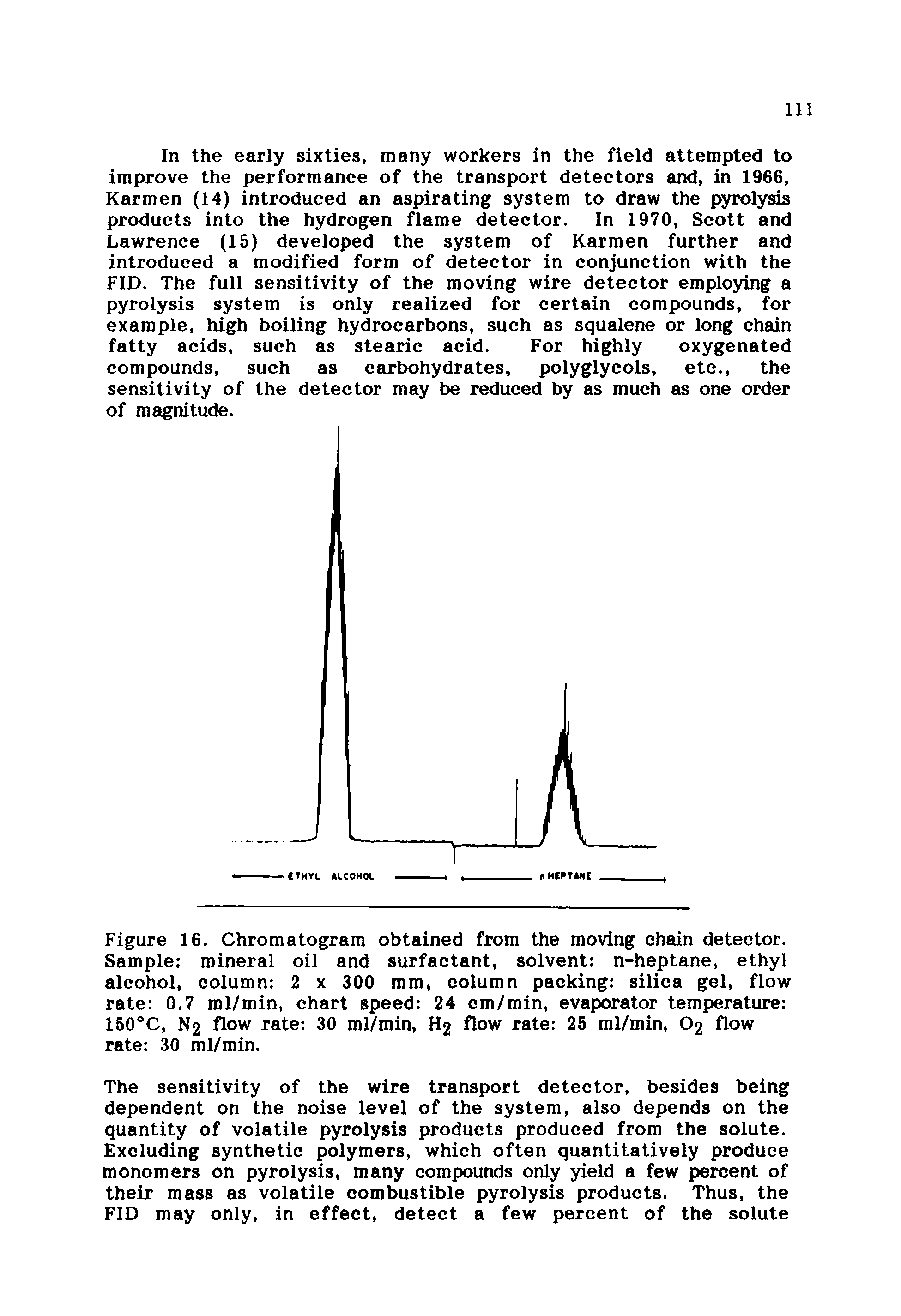 Figure 16. Chromatogram obtained from the moving chain detector. Sample mineral oil and surfactant, solvent n-heptane, ethyl alcohol, column 2 x 300 mm, column packing silica gel, flow rate 0.7 ml/min, chart speed 24 cm/min, evaporator temperature 150°C, N2 flow rate 30 ml/min, H2 flow rate 25 ml/min, O2 flow rate 30 ml/min.