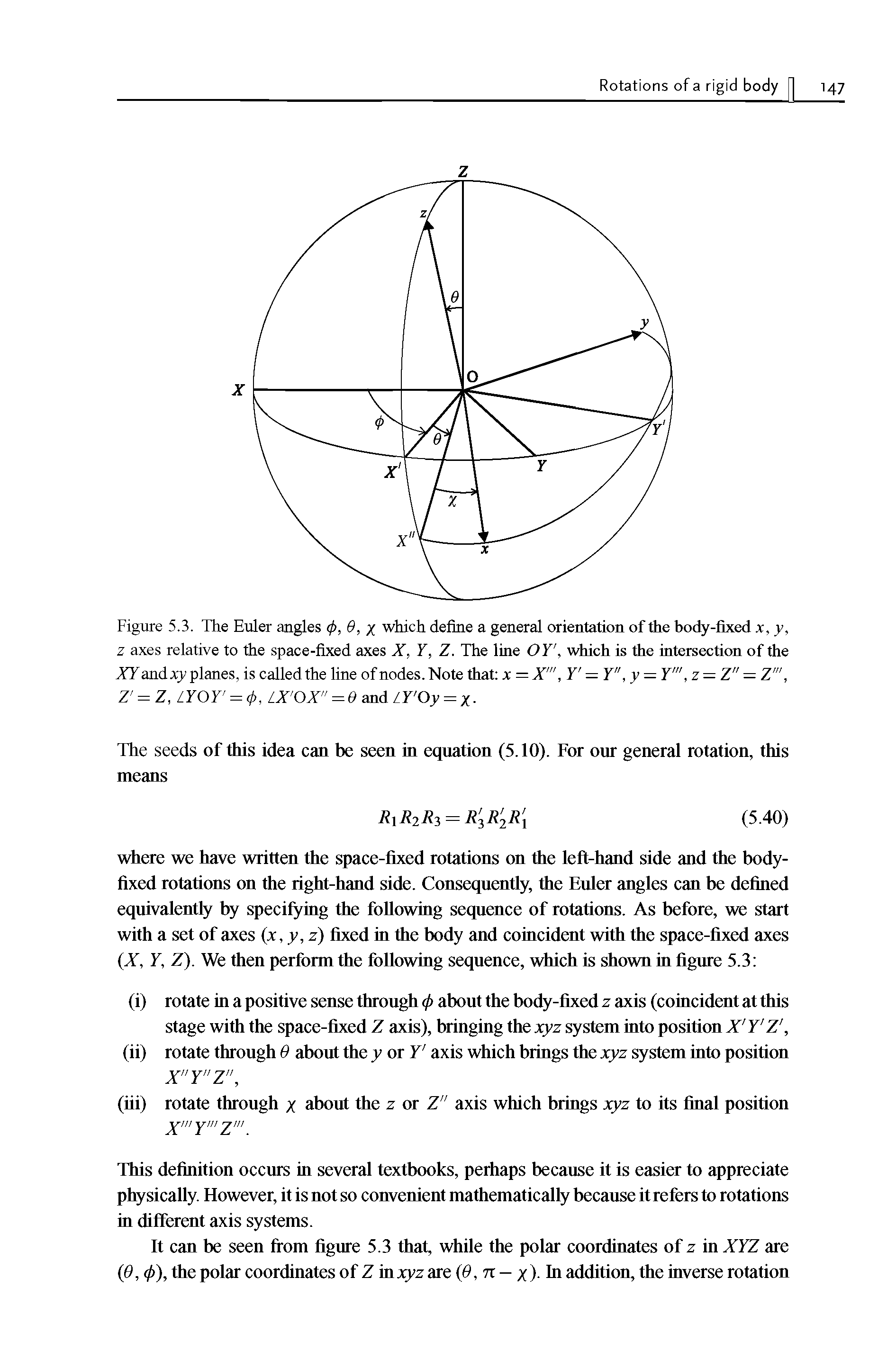 Figure 5.3. The Euler angles <p, 0, x which define a general orientation of the body-fixed x, y, z axes relative to the space-fixed axes X, Y, Z. The line OY, which is the intersection of the XYandxy planes, is called the line of nodes. Note that x=X", Y — Y", y — Y ",z—Z" — Z ", Z = Z, LYOY = <f>, LX OX" = 0 and LY Oy = x-...