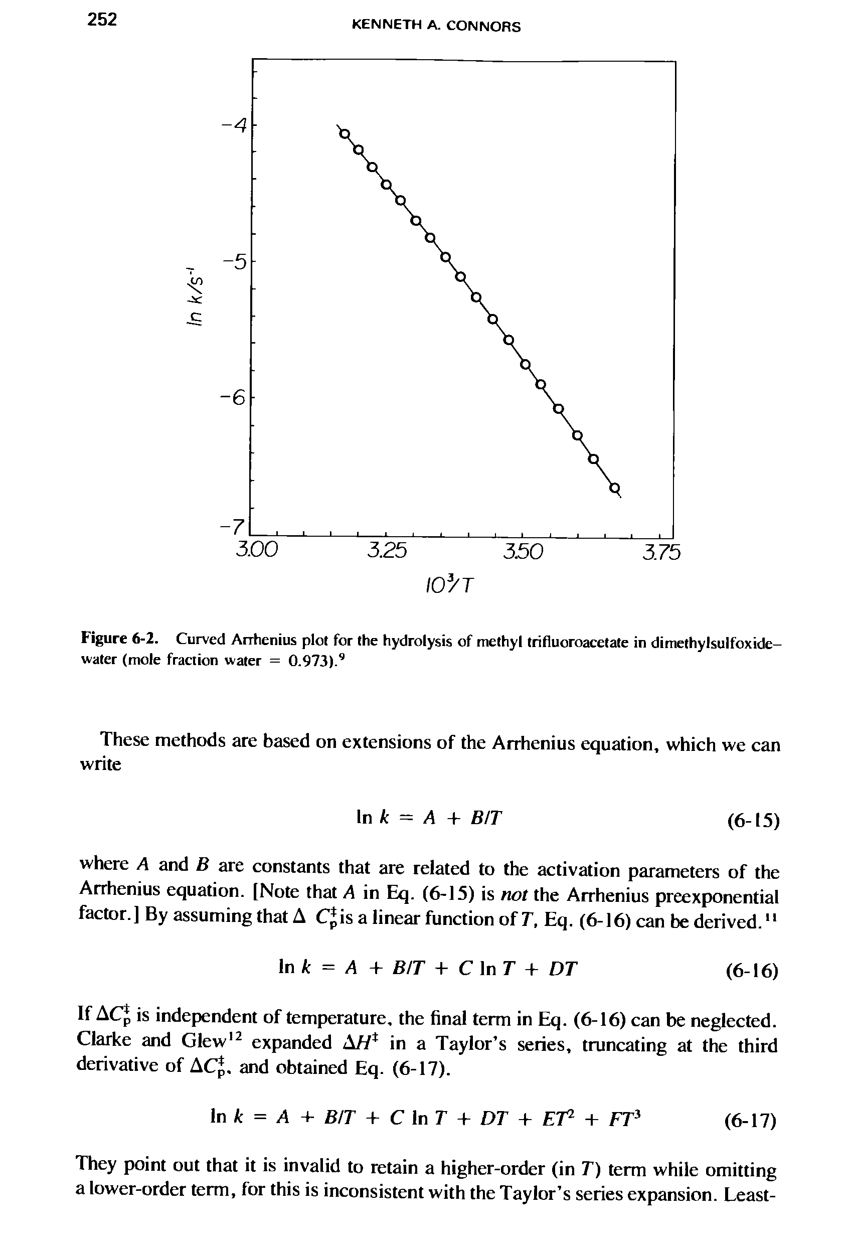 Figure 6-2. Curved Arrhenius plot for the hydrolysis of methyl trifluoroacetate in dimethylsulfoxide-water (mole fraction water = 0.973). ...