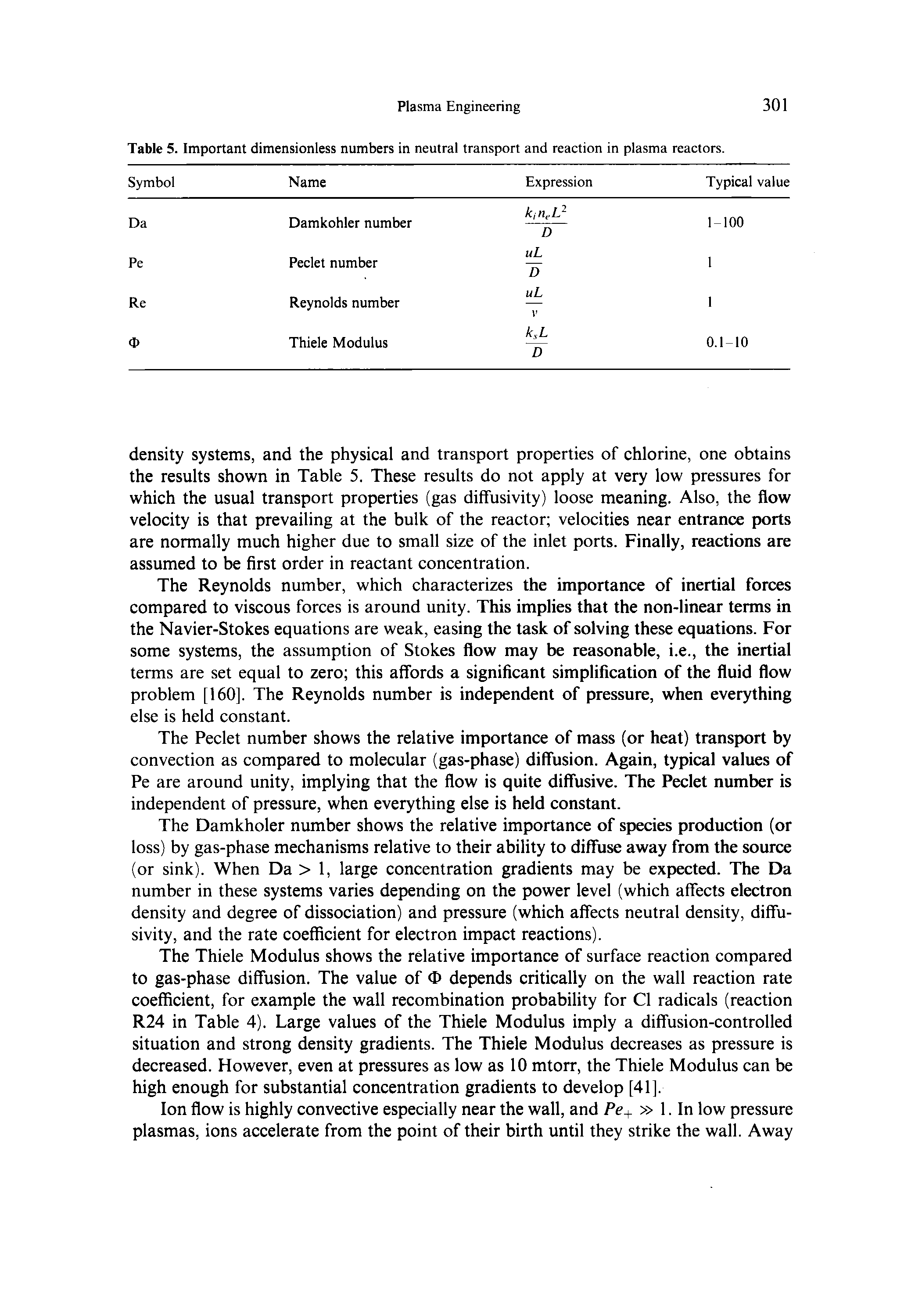 Table 5. Important dimensionless numbers in neutral transport and reaction in plasma reactors.