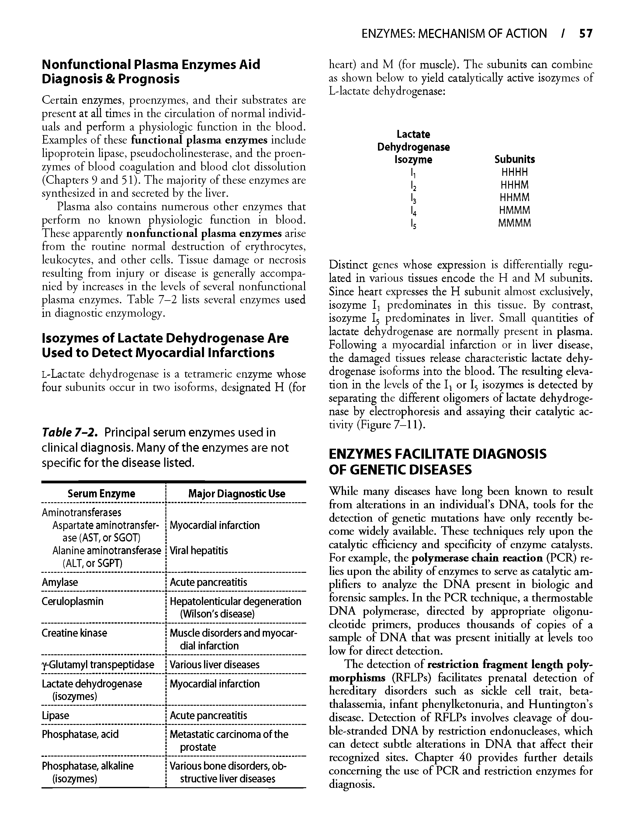Table 7-2. Principal serum enzymes used in clinical diagnosis. Many of the enzymes are not specific for the disease listed.