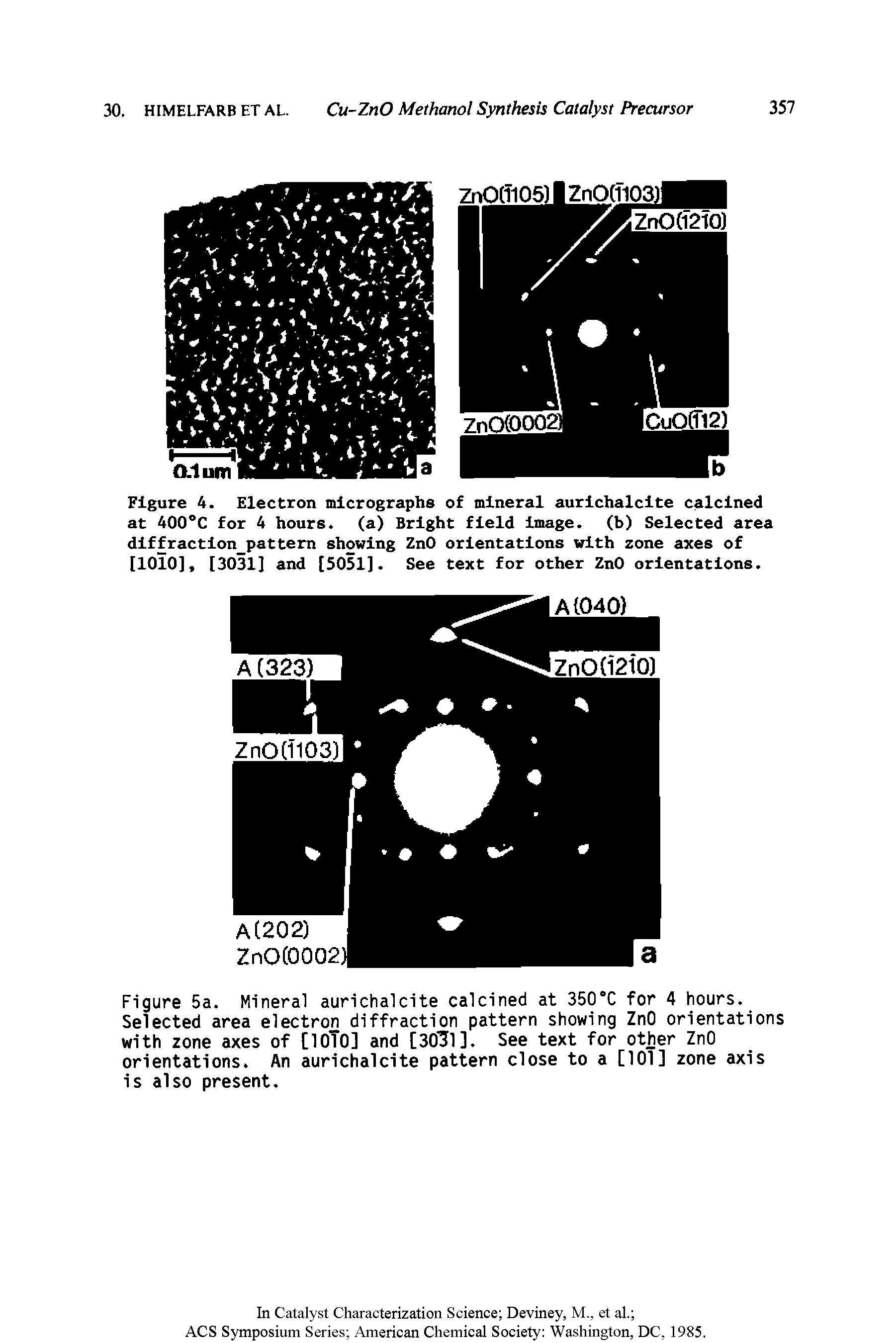 Figure 4. Electron micrographs of mineral aurichalcite calcined at 400 C for 4 hours, (a) Bright field image, (b) Selected area diffraction pattern showing ZnO orientations with zone axes of [1010], [3031] and [5051]. See text for other ZnO orientations.