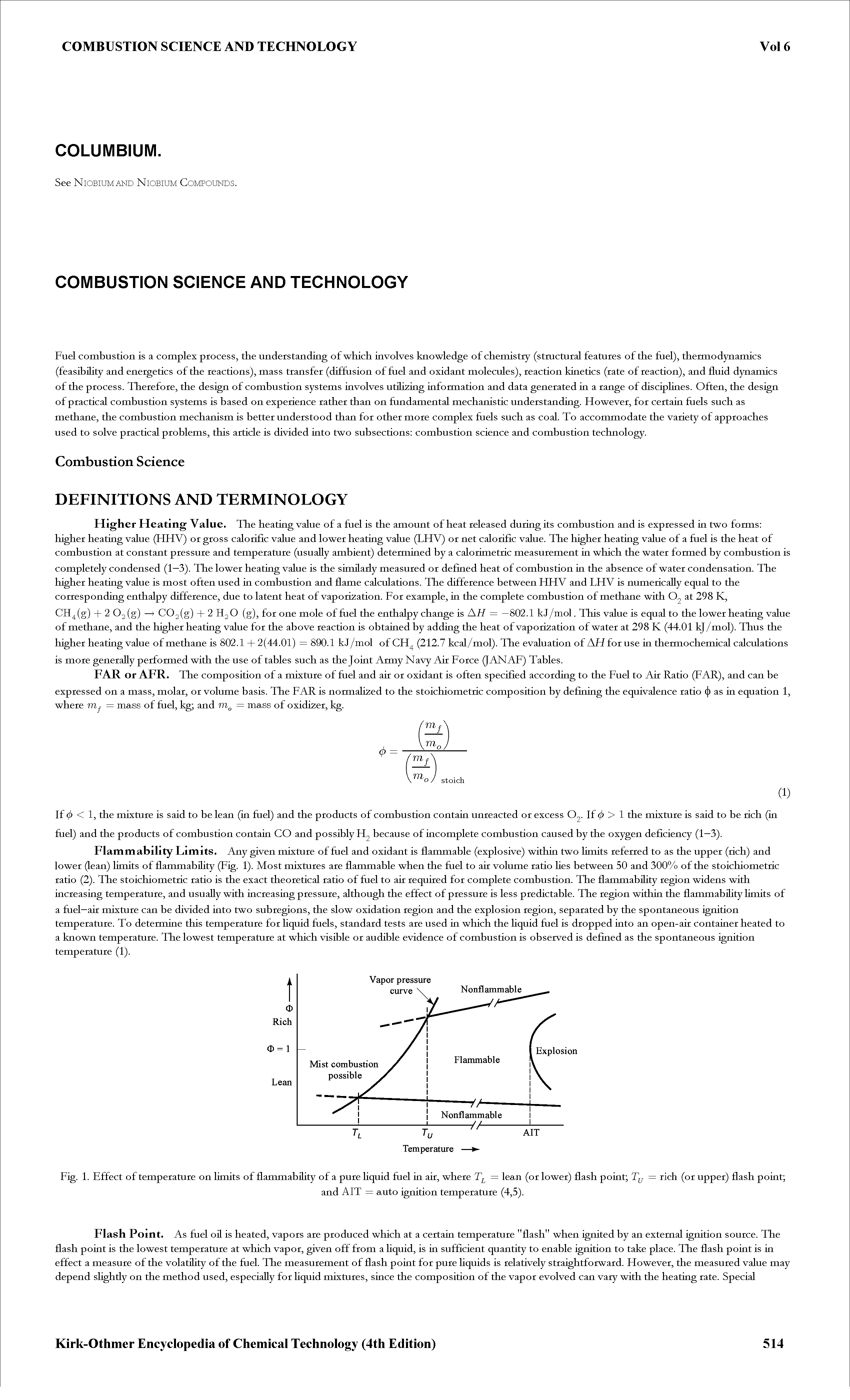 Fig. 1. Effect of temperature on limits of flammabiUty of a pure Hquid fuel ia air, where = lean (or lower) flash point = rich (or upper) flash point ...