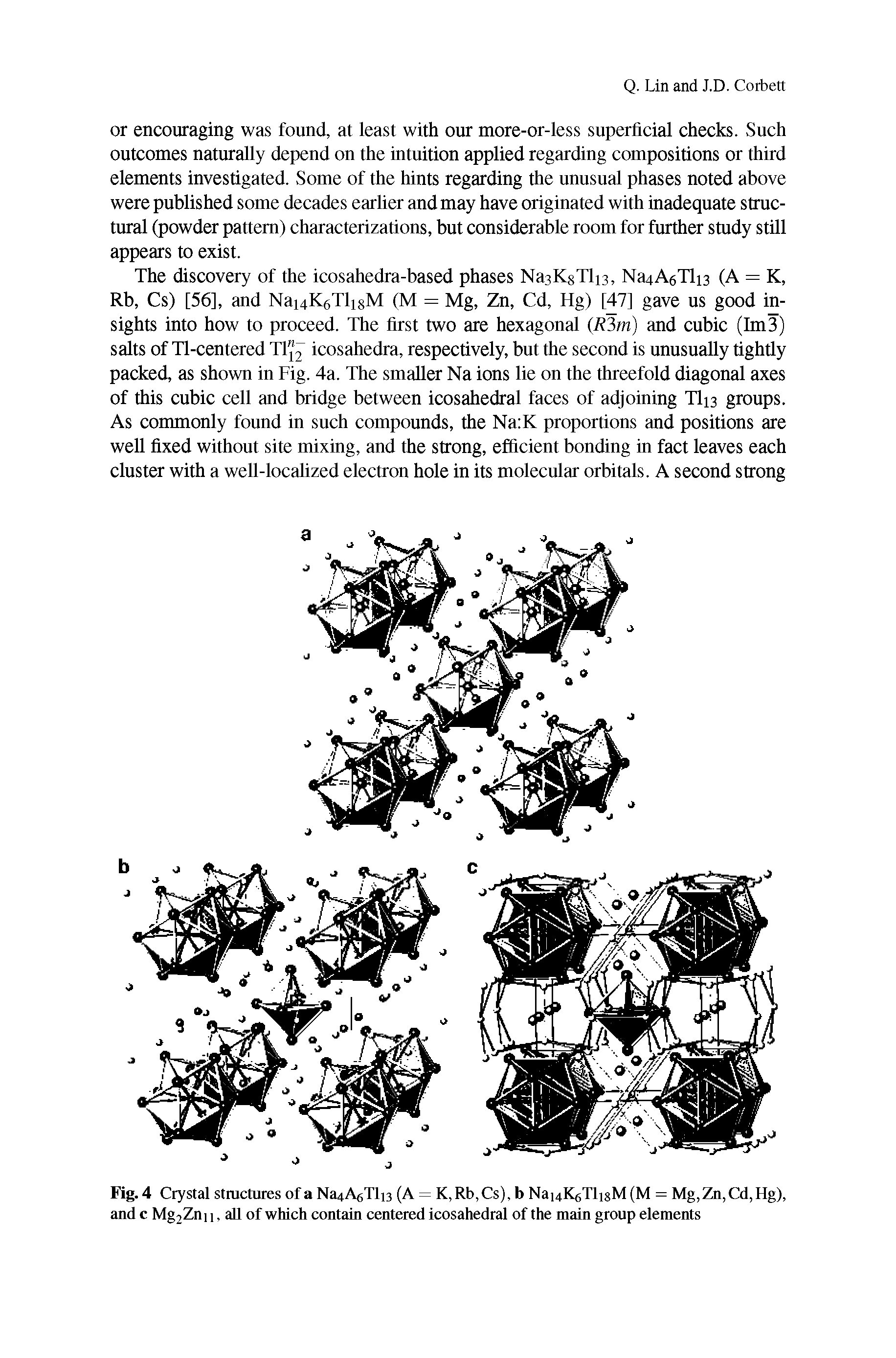Fig. 4 Crystal structures of alS AgTlB (A = K,Rb,Cs), b NauKgTlisM (M = Mg,Zn,Cd,Hg), and c Mg2Zni 1, all of which contain centered icosahedral of the main group elements...
