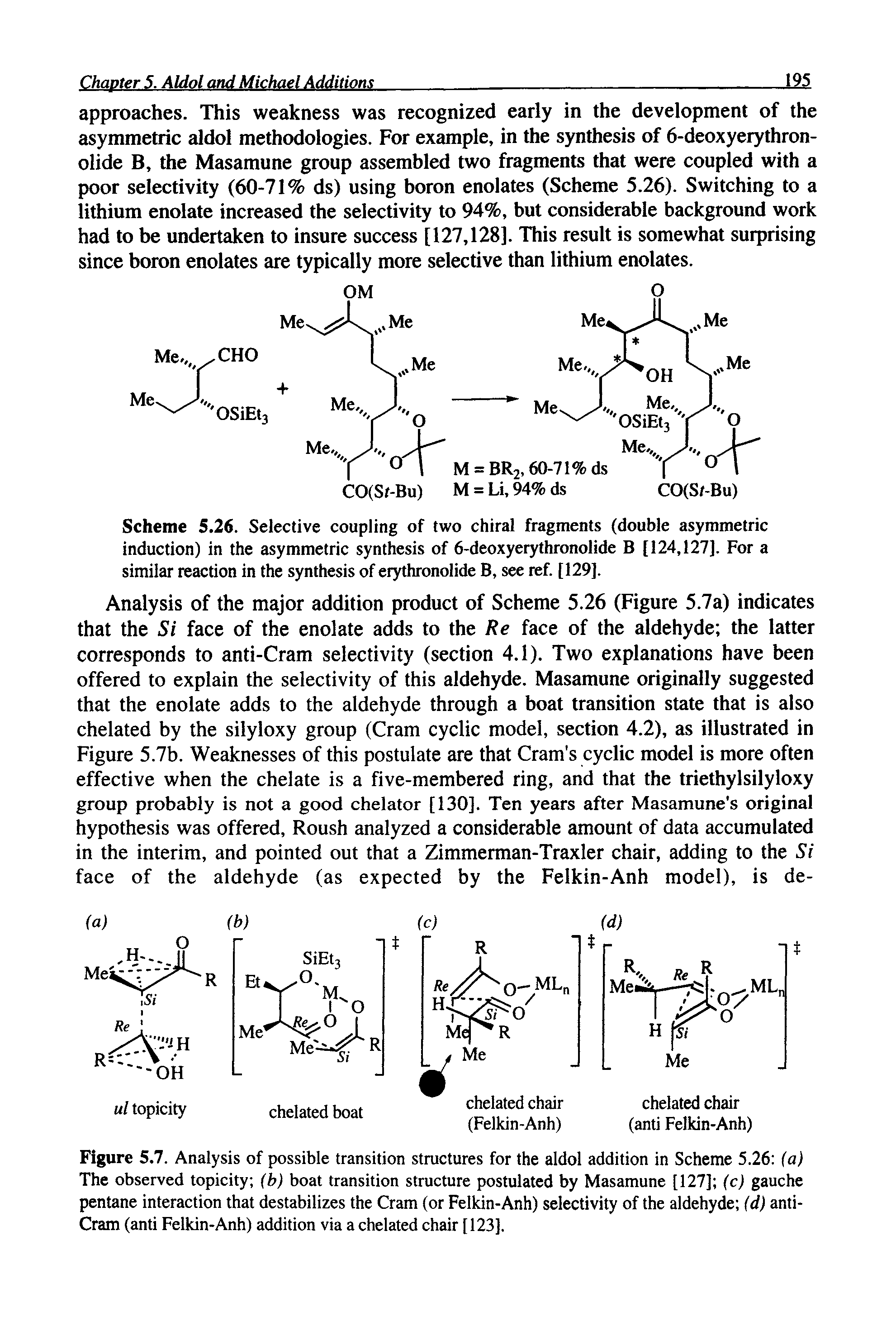 Figure 5.7. Analysis of possible transition structures for the aldol addition in Scheme 5.26 (a) The observed topicity (b) boat transition structure postulated by Masamune [127] (c) gauche pentane interaction that destabilizes the Cram (or Felkin-Anh) selectivity of the aldehyde (d) anti-Cram (anti Felkin-Anh) addition via a chelated chair [123].