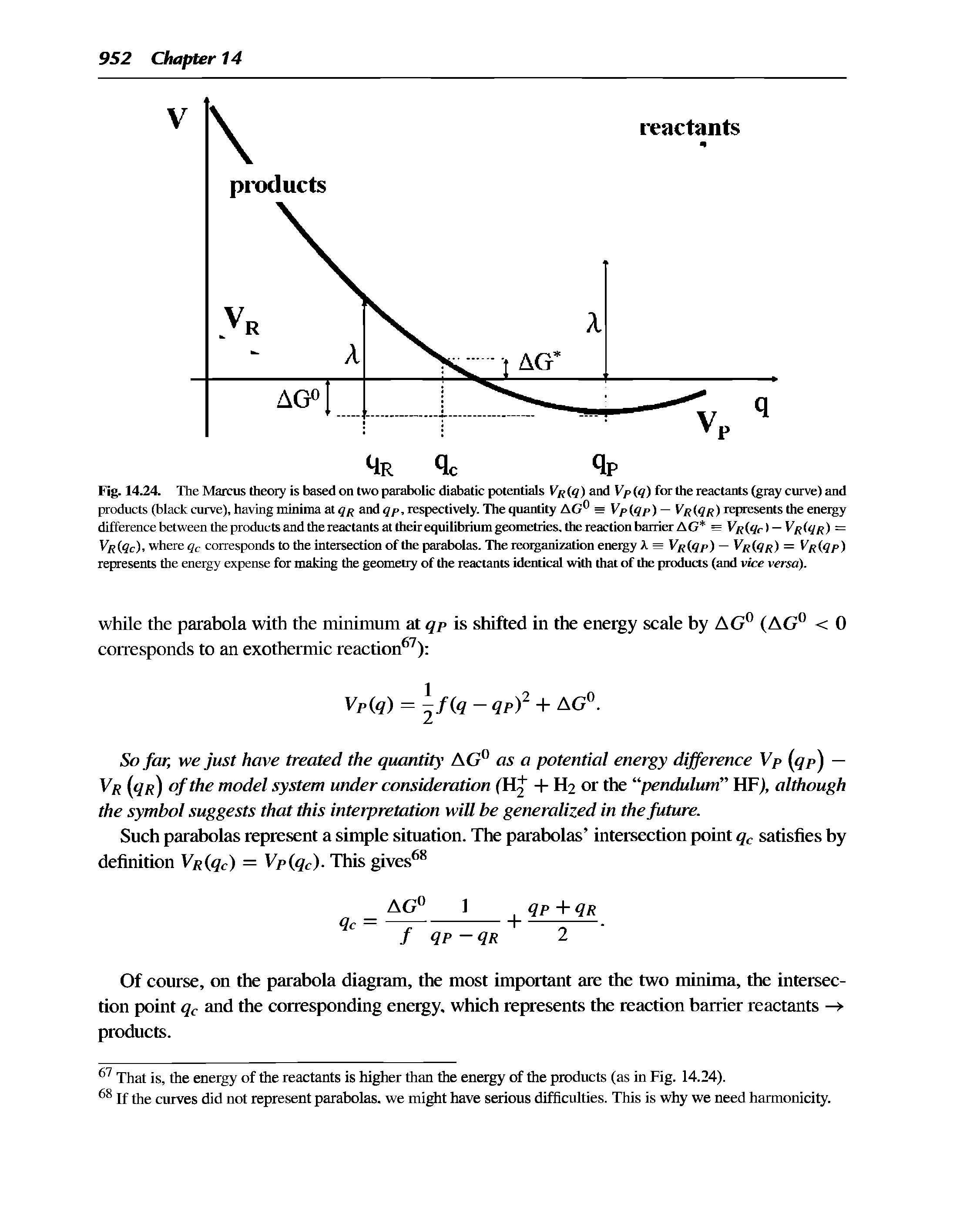 Fig. 14.24. The Marcus theory is based on two parabolic diabatic potentials (9) and V/> ( ) for the reactants (gray curve) and products (black curve), having minima at and <]p, respectively. The quantity AG = Vp(qp) — Vp(qp) represents the energy differencebetweentheproductsandthereactantsattheirequilibriumgeometries, the reaction barrier AG = Vp qc) — Vp(qp) = Vp(qc), where 5c corresponds to the intersection of the parabolas. The reotgarrization energy A = Vp qp) — Vp qp) = Vp(qp) represents the energy expense for makirrg the geometry of the reactants identical with that of the products (and vice versa).
