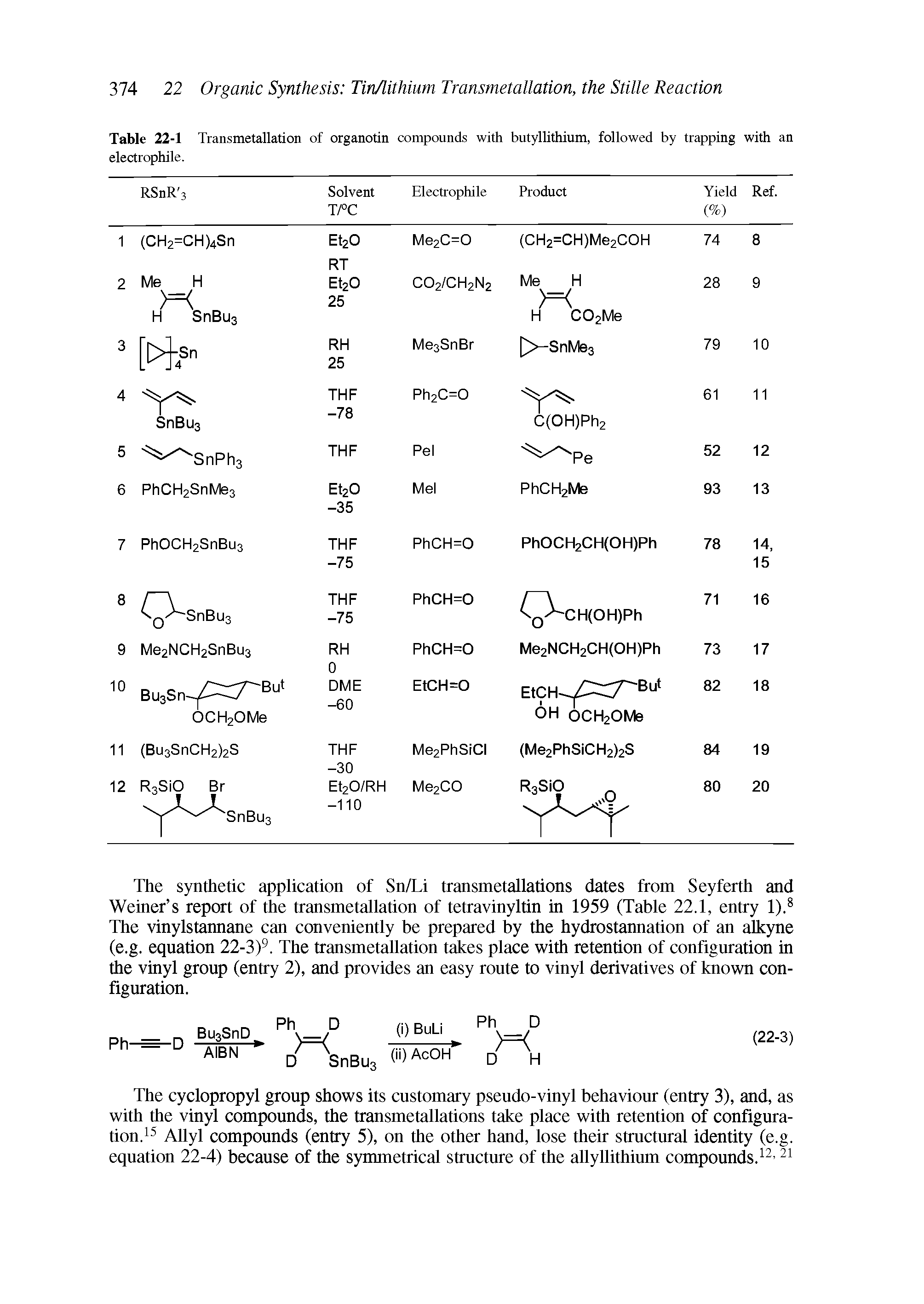 Table 22-1 Transmetallation of organotin compounds with butyllithium, followed by trapping with an electrophile.