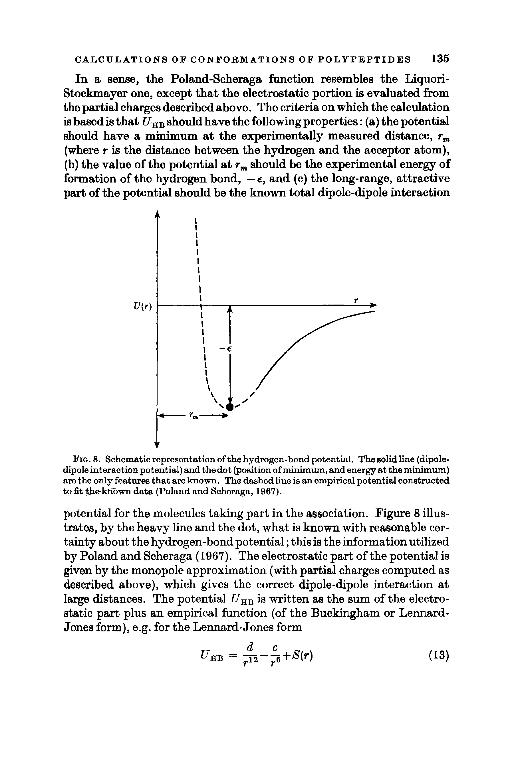 Fig. 8. Schematic representation ofthe hydrogen-bond potential. The solidline (dipole-dipole interaction potential) and the dot (position of minimum, and energy at the minimum) are the only features that are known. The dashed line is an empirical potential constructed to fit tie-known data (Poland and Scheraga, 1967).