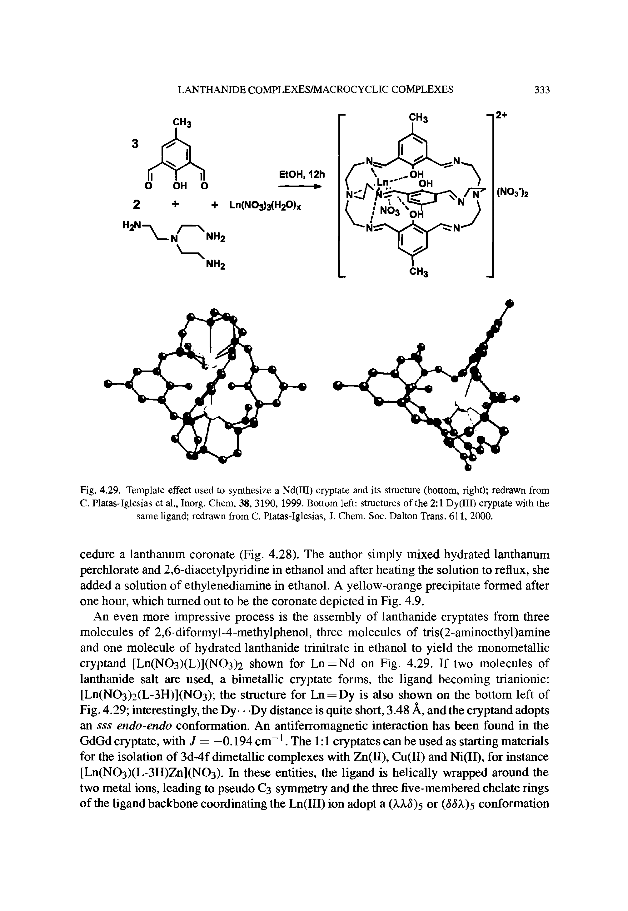 Fig. 4.29. Template effect used to synthesize a Nd(III) cryptate and its structure (bottom, right) redrawn from C. Platas-Iglesias et al., Inorg. Chem. 38, 3190, 1999. Bottom left structures of the 2 1 Dy(III) cryptate with the same ligand redrawn from C. Platas-Iglesias, J. Chem. Soc. Dalton Trans. 611, 2000.