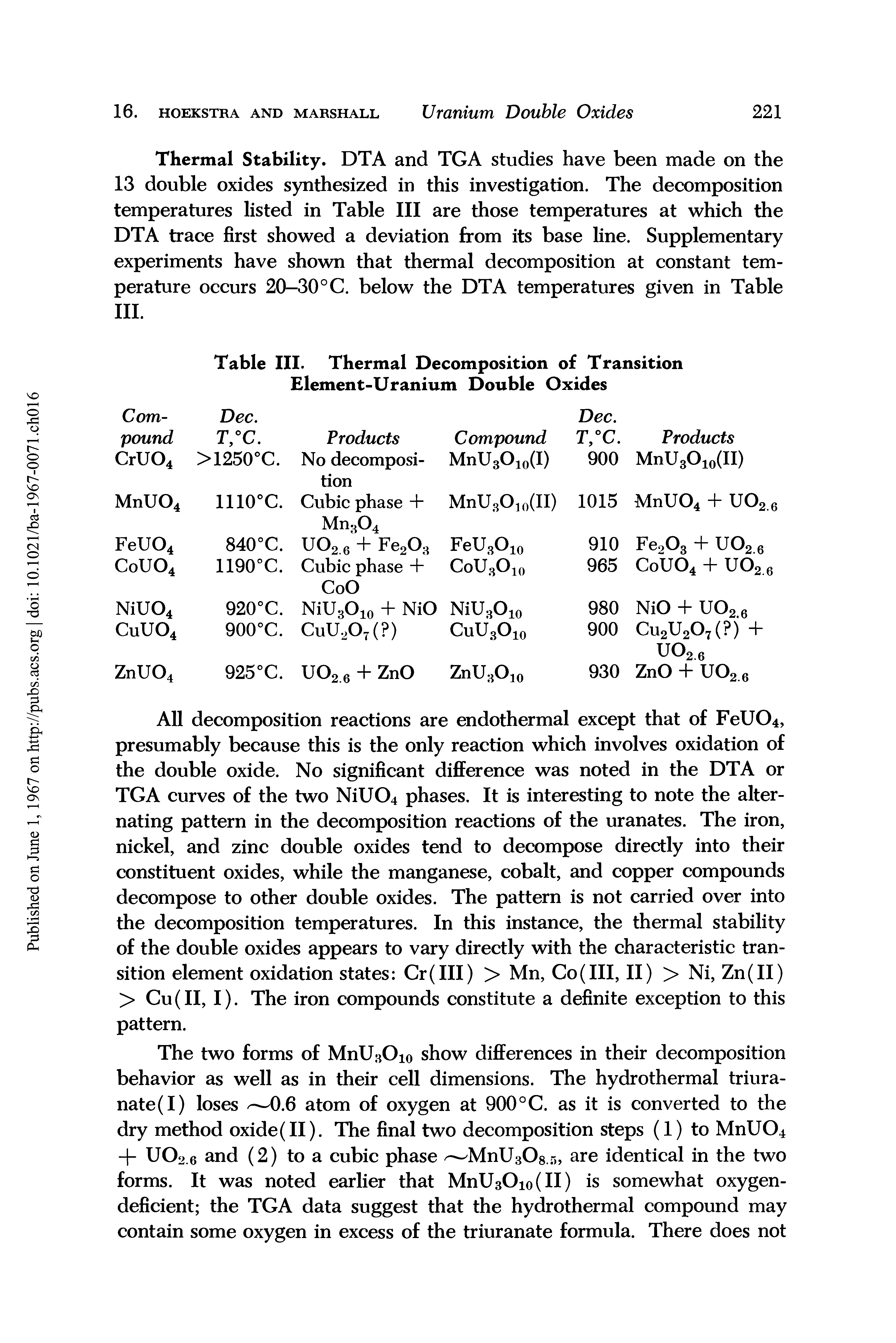Table III. Thermal Decomposition of Transition Element-Uranium Double Oxides...