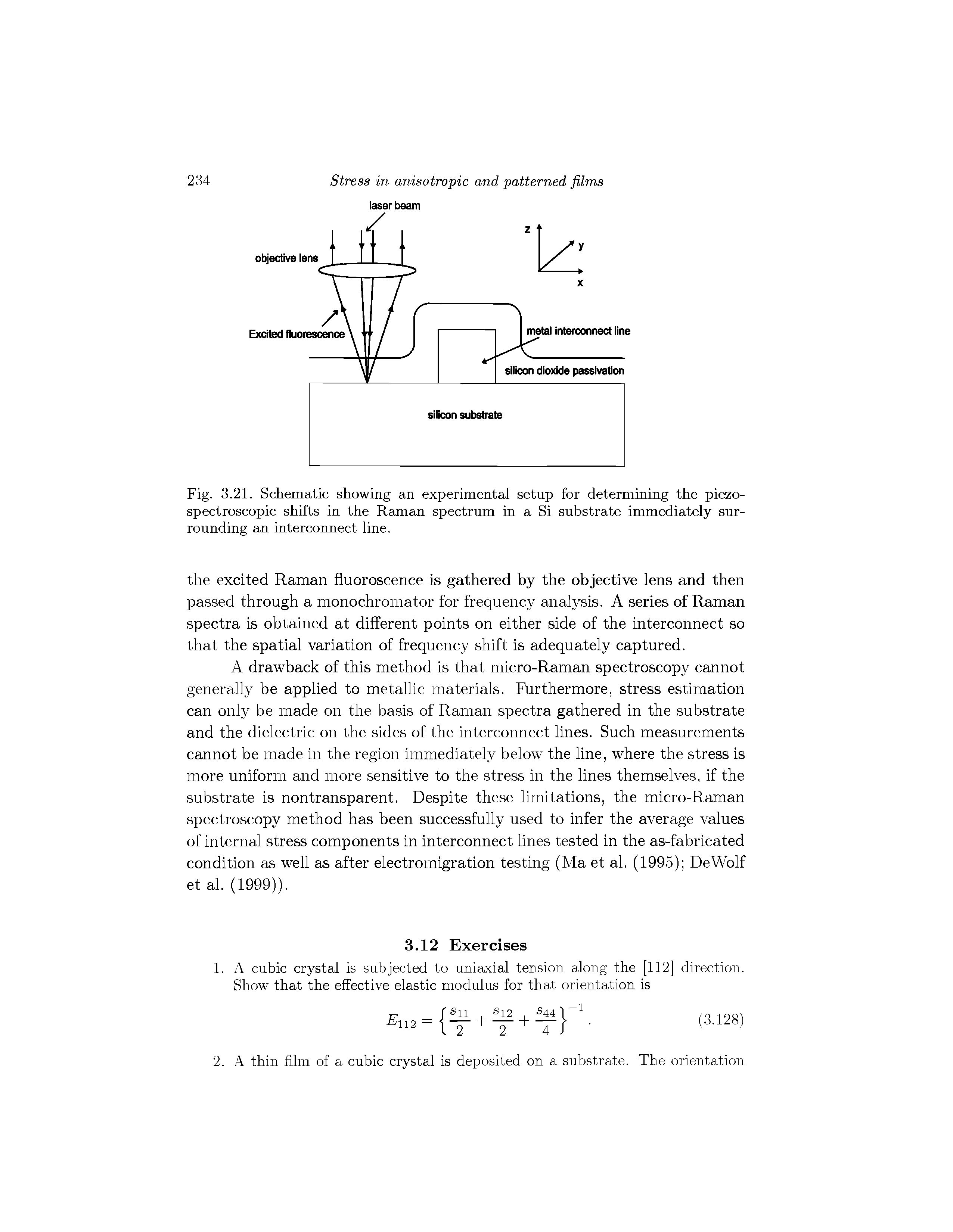 Fig. 3.21. Schematic showing an experimental setup for determining the piezo-spectroscopic shifts in the Raman spectrum in a Si substrate immediately surrounding an interconnect line.