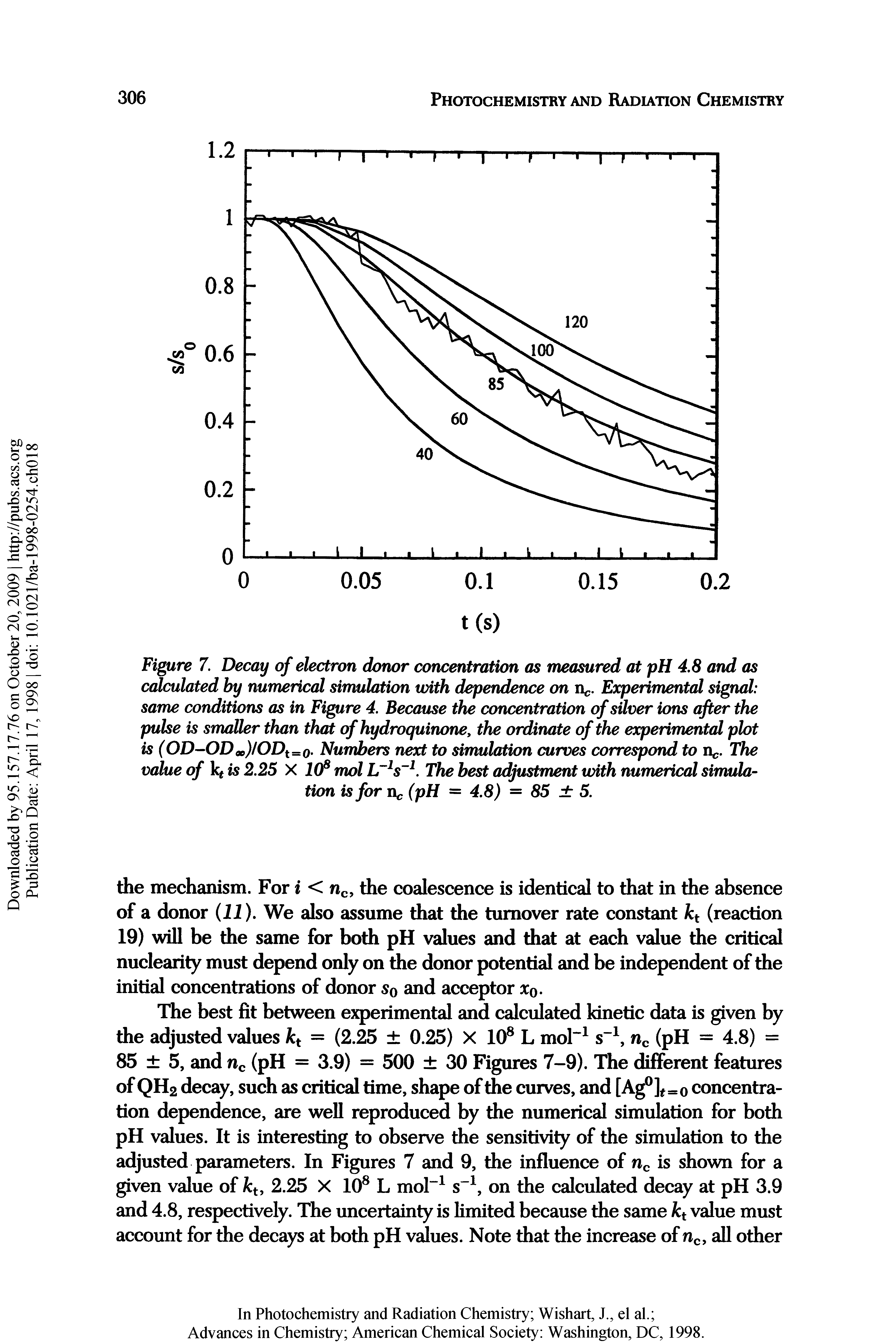 Figure 7. Decay of electron donor concentration as measured at pH 4.8 and as calculated by numerical simulation with dependence on n. Experimental signal-same conditions as in Figure 4. Because the concentration of silver ions after the puke is smaller than that of hydroquinone, the ordinate of the experimental plot is (OD-OD j/ODt=o- Numbers next to simulation curves correspond to n. The value of Is 2.25 X JO mol The best adjustment unth numerical simula-...